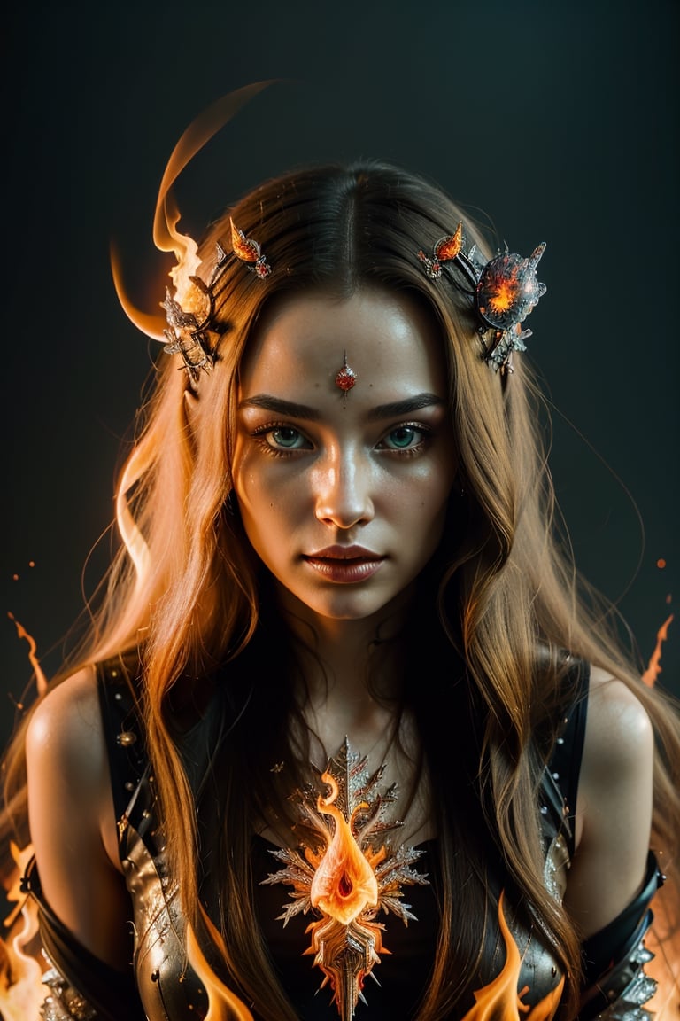 (masterpiece, top quality, best quality, official art, beautiful and aesthetic:1.2), (1girl), extreme detailed, (abstract, fractal art:1.3), long hair, isometric, highest detailed, (fire, water, ice, lightning), ghost,Realism, red glowing eyes, jewelery made of diamonds and silver, yellow glows background 