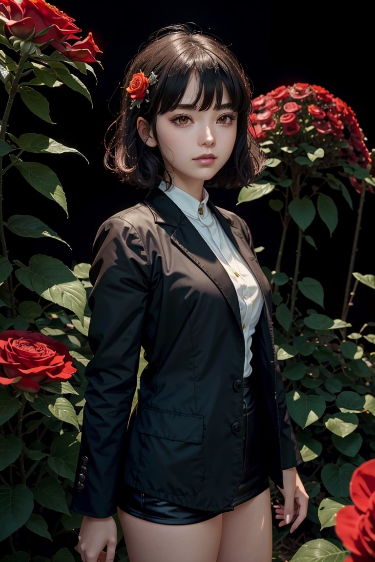 (Arielfstyle:1.0), Retro Ghibli scene, dark dream, terror, creepy, Creepy, Painting, lovecraftian, Ameinu, Black hair, black jackets, Brown hair, devil, blossom, high resolution, blazer, Orange Eyes, red flower, red rose, rozen, shirt, Short hair, White shirts, style of Ghibli studio,masterpiece, best quality,HellAI,mushroomfantasy,DonMG414 ,Epicrealism,Realistic,High detailed ,ff14bg