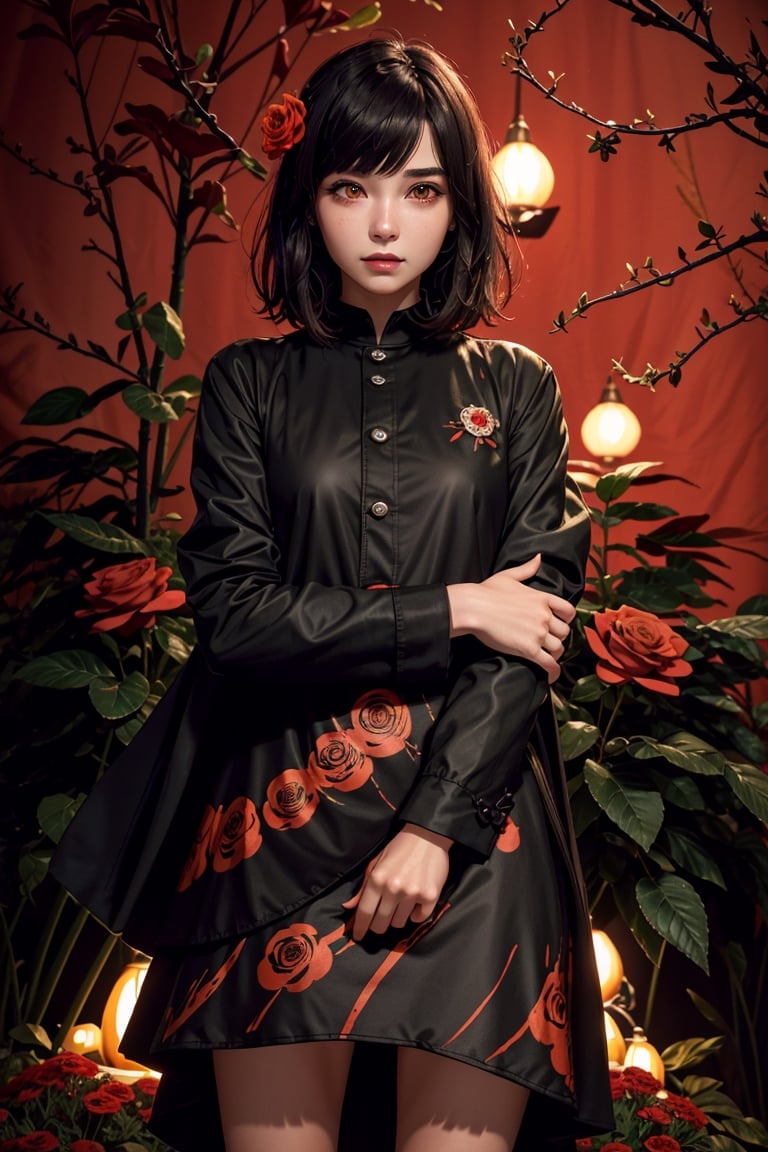 (Arielfstyle:1.0), Retro Ghibli scene, dark dream, terror, creepy, Creepy, Painting, lovecraftian, Ameinu, Black hair, black jackets, Brown hair, devil, blossom, high resolution, blazer, Orange Eyes, red flower, red rose, rozen, shirt, Short hair, White shirts, style of Ghibli studio,masterpiece, best quality,HellAI,mushroomfantasy,DonMG414 ,Epicrealism,Realistic,High detailed ,ff14bg