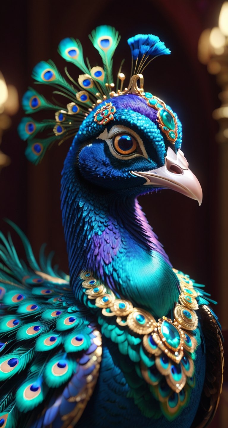 A peacock , small and cute,generate a celestial adorable non-human animal in the style of celestial and fantasy. the animal should be the most beautiful animal ever created. Consider details like fluffy and feathers and silk and satin and shimmer and glimmer. Include subtle details of phantasmal iridescence. emphasize small details of fantasy and ornate jewels. camera: utilize interesting and dynamic composition. enhance visual interest. lighting: use ambient lighting that enhances the ambiance of fantasy. include bold colors and deep shadows. hires, detailed eyes, hires detailed eyes, hires small details, ornate, intricate details, 8k, shimmer, unity, official cgi unreal engine, high resolution, (((masterpiece))), high quality, highres, detail enhancement, (bright and clear eyes),full_body  