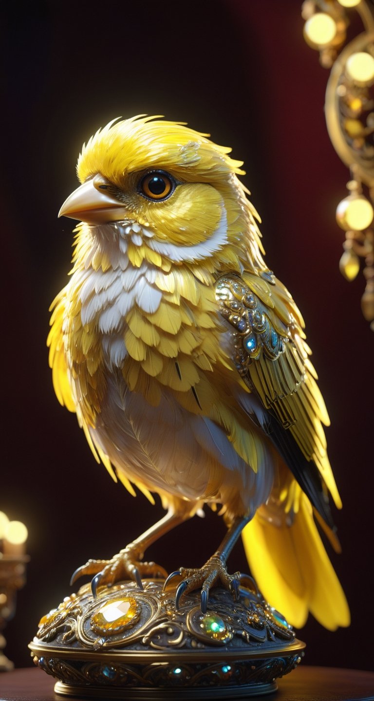 A canary ,generate a celestial adorable non-human animal in the style of celestial and fantasy. the animal should be the most beautiful animal ever created. Consider details like fluffy and feathers and silk and satin and shimmer and glimmer. Include subtle details of phantasmal iridescence. emphasize small details of fantasy and ornate jewels. camera: utilize interesting and dynamic composition. enhance visual interest. lighting: use ambient lighting that enhances the ambiance of fantasy. include bold colors and deep shadows. hires, detailed eyes, hires detailed eyes, hires small details, ornate, intricate details, 8k, shimmer, unity, official cgi unreal engine, high resolution, (((masterpiece))), high quality, highres, detail enhancement, (bright and clear eyes), 