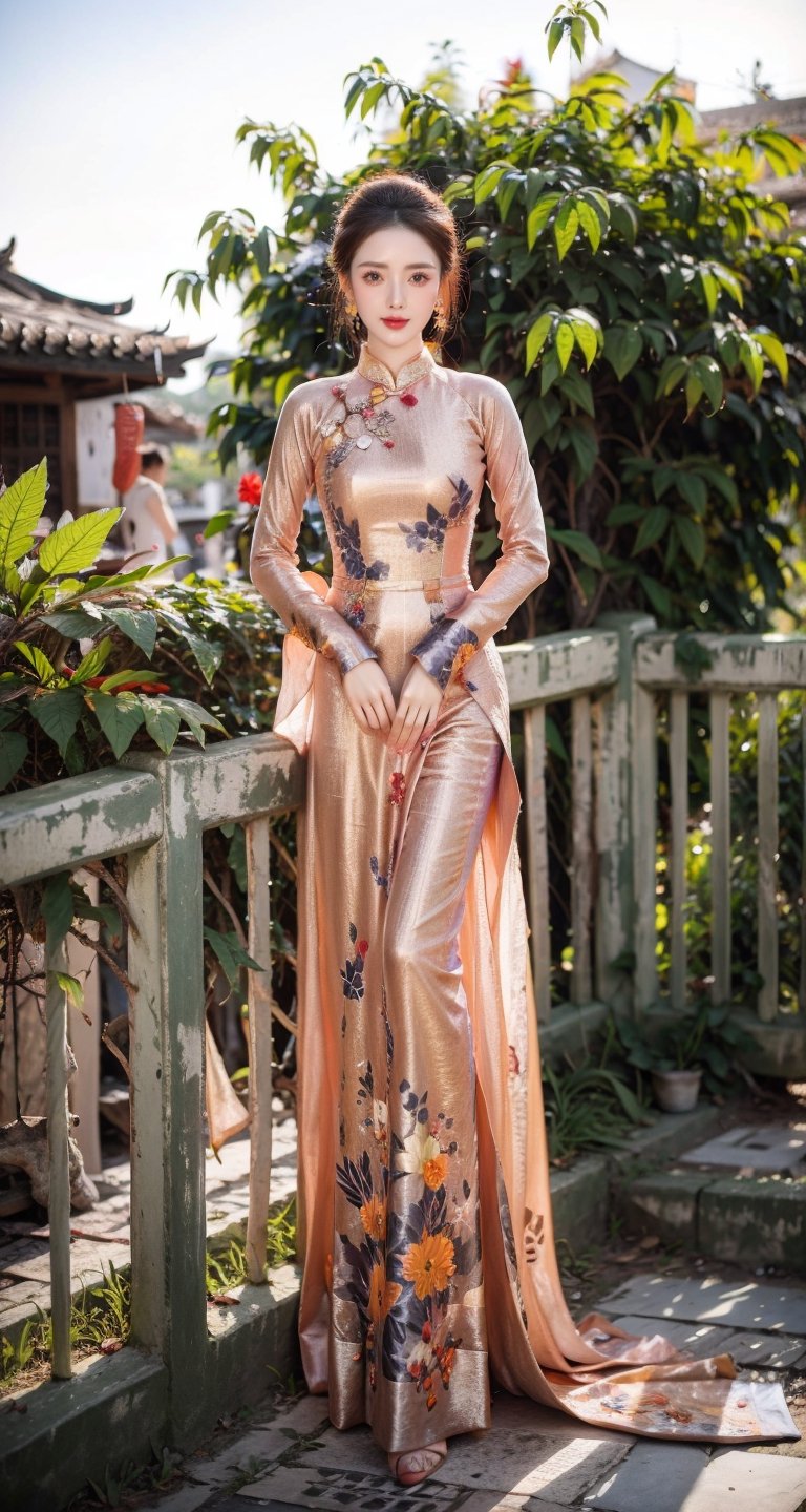 1girl,face,white background,full_body,Standing on Hoi An ancient town,black ao dai