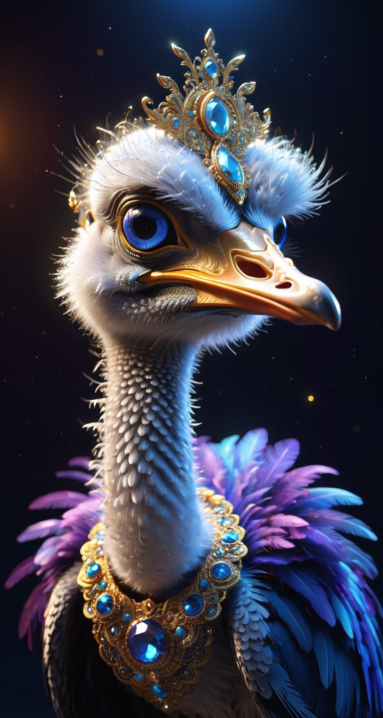 A ostrich ,generate a celestial adorable non-human animal in the style of celestial and fantasy. the animal should be the most beautiful animal ever created. Consider details like fluffy and feathers and silk and satin and shimmer and glimmer. Include subtle details of phantasmal iridescence. emphasize small details of fantasy and ornate jewels. camera: utilize interesting and dynamic composition. enhance visual interest. lighting: use ambient lighting that enhances the ambiance of fantasy. include bold colors and deep shadows. hires, detailed eyes, hires detailed eyes, hires small details, ornate, intricate details, 8k, shimmer, unity, official cgi unreal engine, high resolution, (((masterpiece))), high quality, highres, detail enhancement, (bright and clear eyes), 