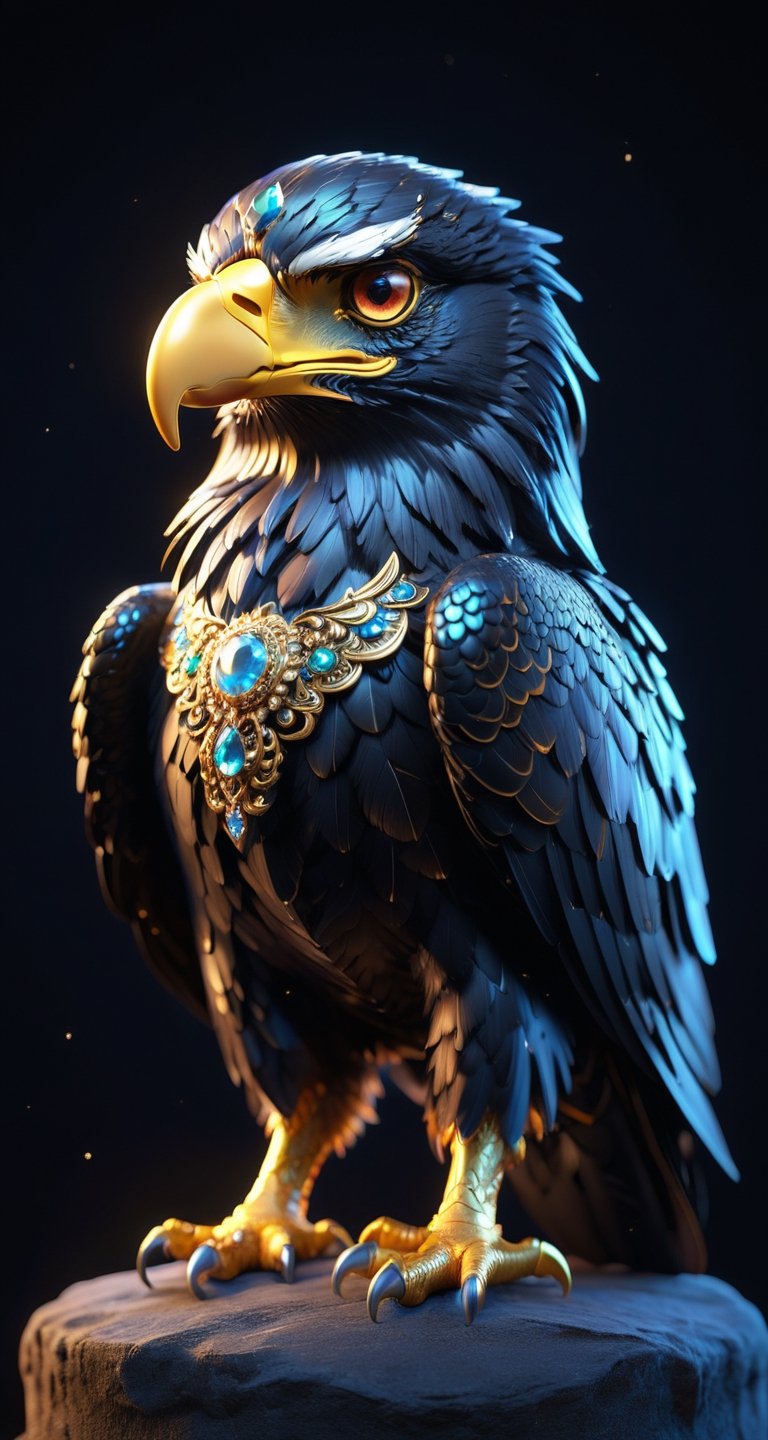 A eagle black ,generate a celestial adorable non-human animal in the style of celestial and fantasy. the animal should be the most beautiful animal ever created. Consider details like fluffy and feathers and silk and satin and shimmer and glimmer. Include subtle details of phantasmal iridescence. emphasize small details of fantasy and ornate jewels. camera: utilize interesting and dynamic composition. enhance visual interest. lighting: use ambient lighting that enhances the ambiance of fantasy. include bold colors and deep shadows. hires, detailed eyes, hires detailed eyes, hires small details, ornate, intricate details, 8k, shimmer, unity, official cgi unreal engine, high resolution, (((masterpiece))), high quality, highres, detail enhancement, (bright and clear eyes), 
