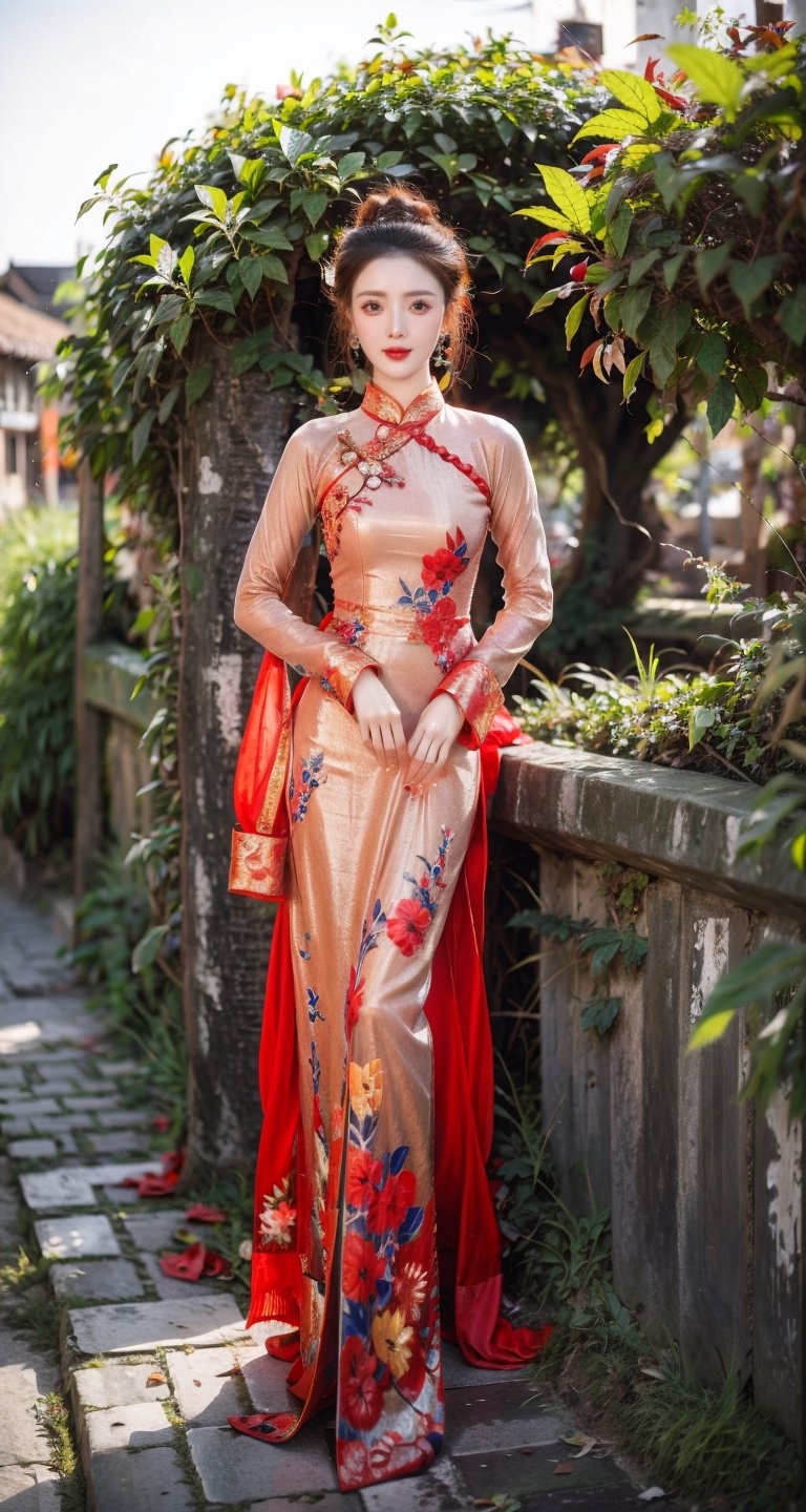 1girl,face,white background,full_body,Standing on Hoi An ancient town,black ao dai