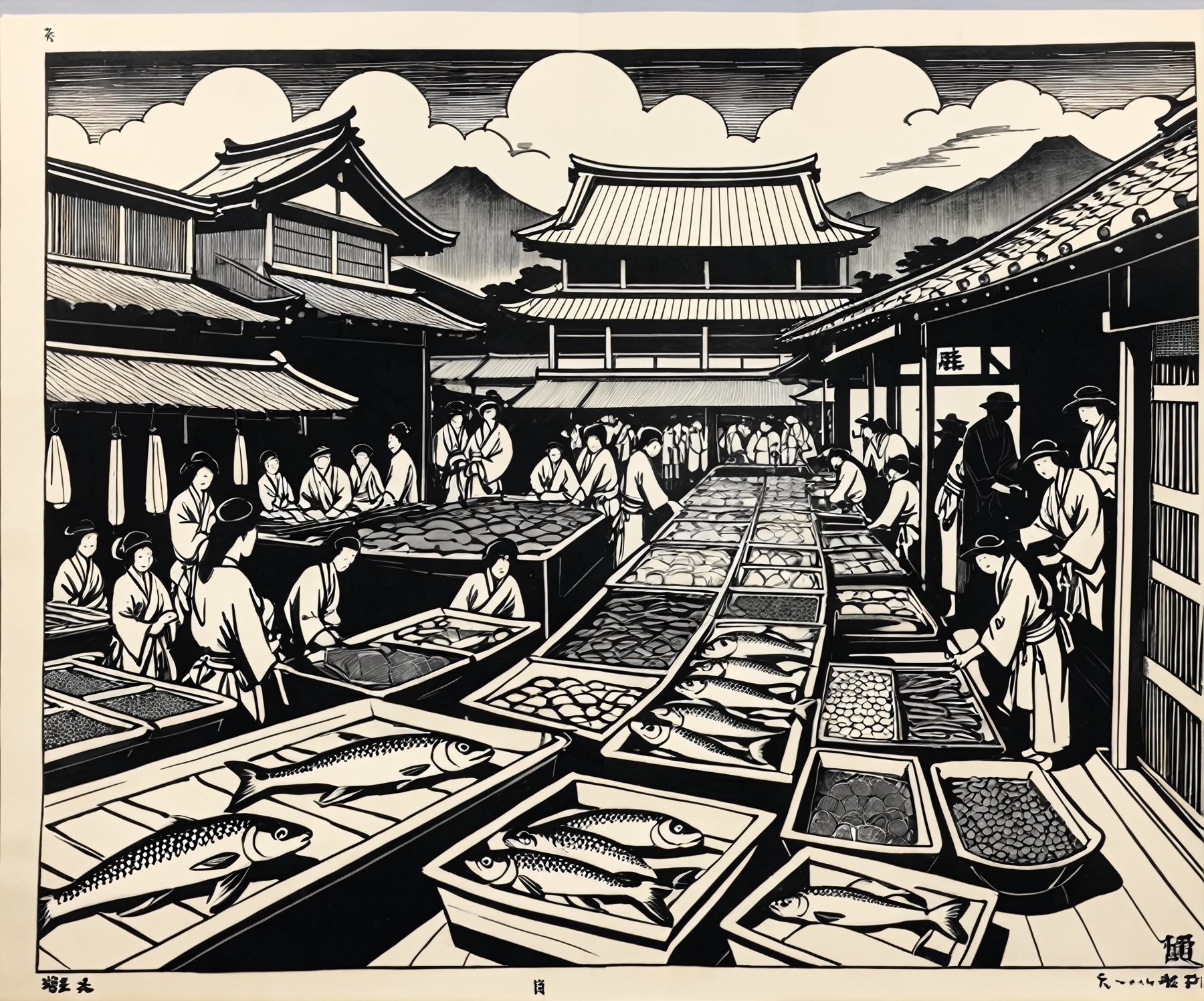 ukyoe woodblock drawing of an  japanese fish market