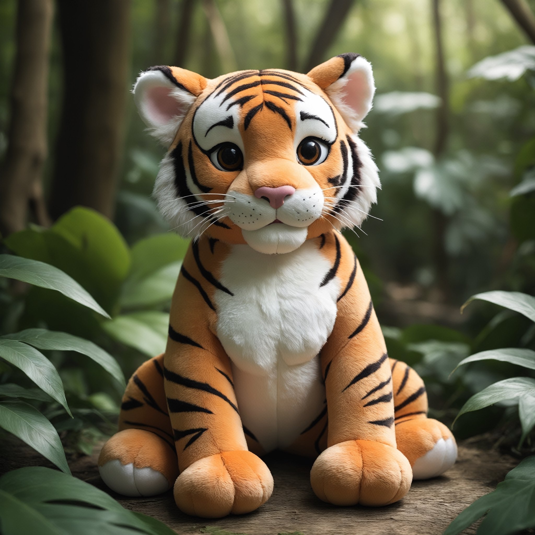 Detailed , photo, tiger plushie, natural light , jungle background 