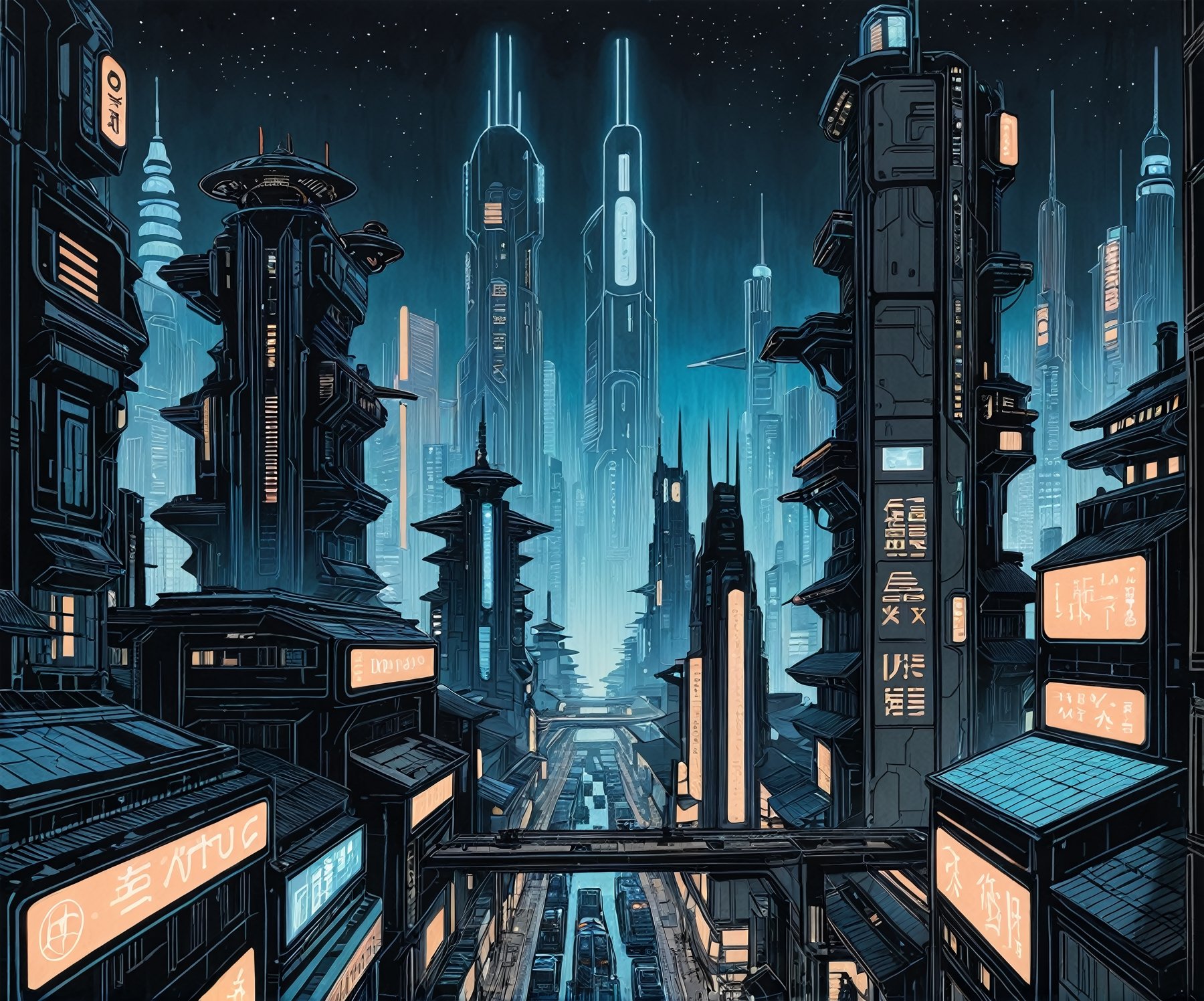 ukyoe woodblock drawing of an futuristic cyberpunk city