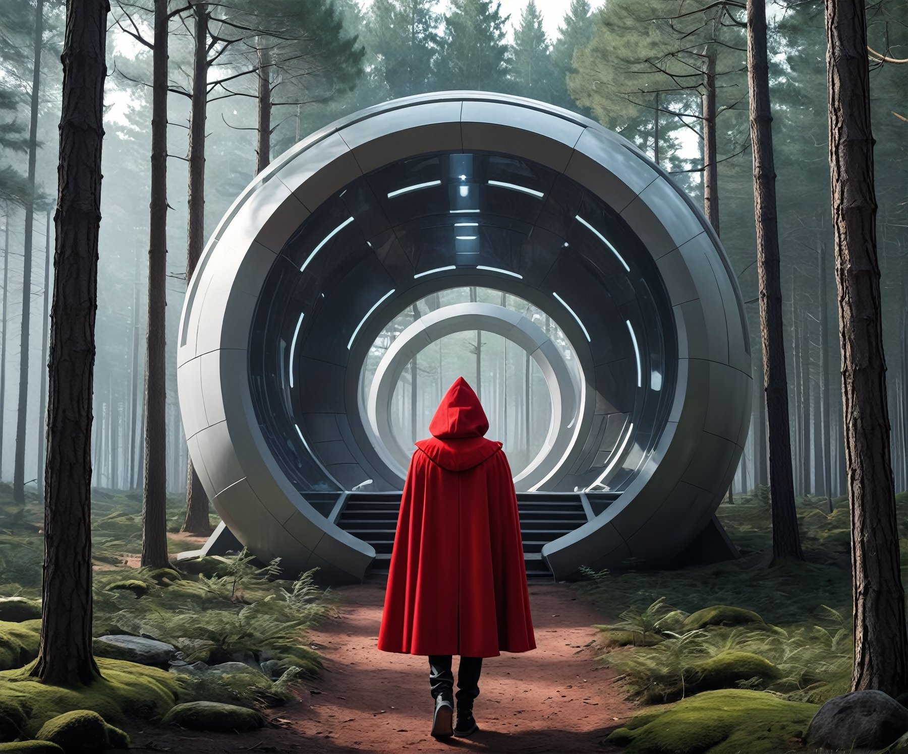 brother grimm style of  red riding hood in a futuristic screnery near the forest