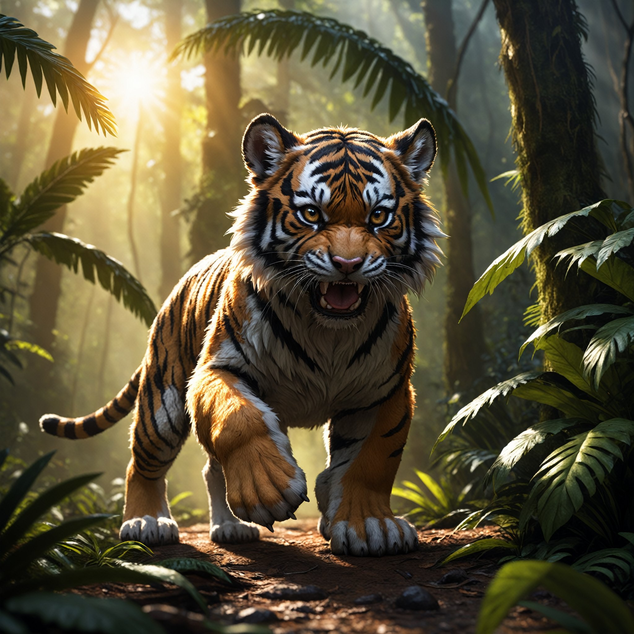  quality,high-resolution,dynamic angle,rainforest sunrise atmophere,playful-shadows,realistic epic-fluffy,puppy1tiger,angry hunting,huge detalied scene