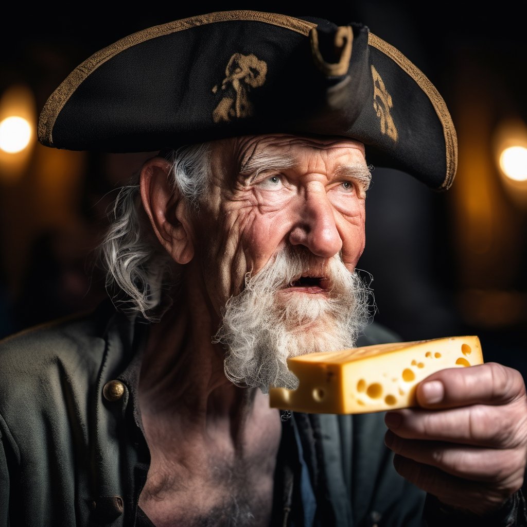 a old pirate man eating cheese, detailed , high quality photography, 3 point lighting, flash with softbox, 4k, Canon EOS R3, hdr, smooth, sharp focus, high resolution, award winning photo, 80mm, f2.8, bokeh