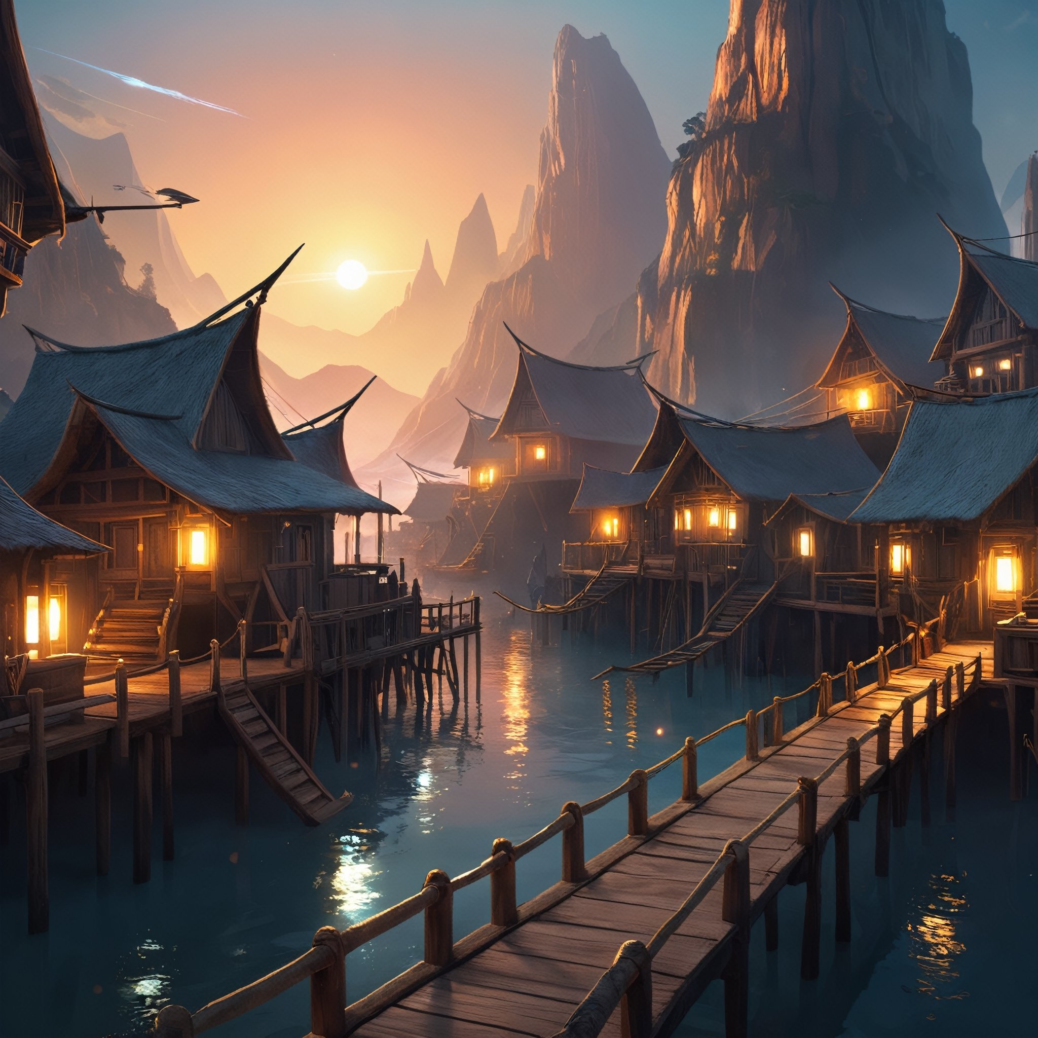 Closeup Artwork of a futuristic fantasy Fisher village , epic sunrise, epic lights