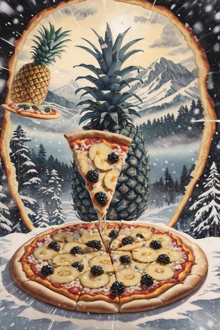  Photorealistic Image,Supernatural,Ukiyoe,(Double Exposure Effect:1.8),(PIZZA with pineapple:1.2), Majestic Nature,Snow,Ukiyo-e,Obsidian_Gold,gold ink