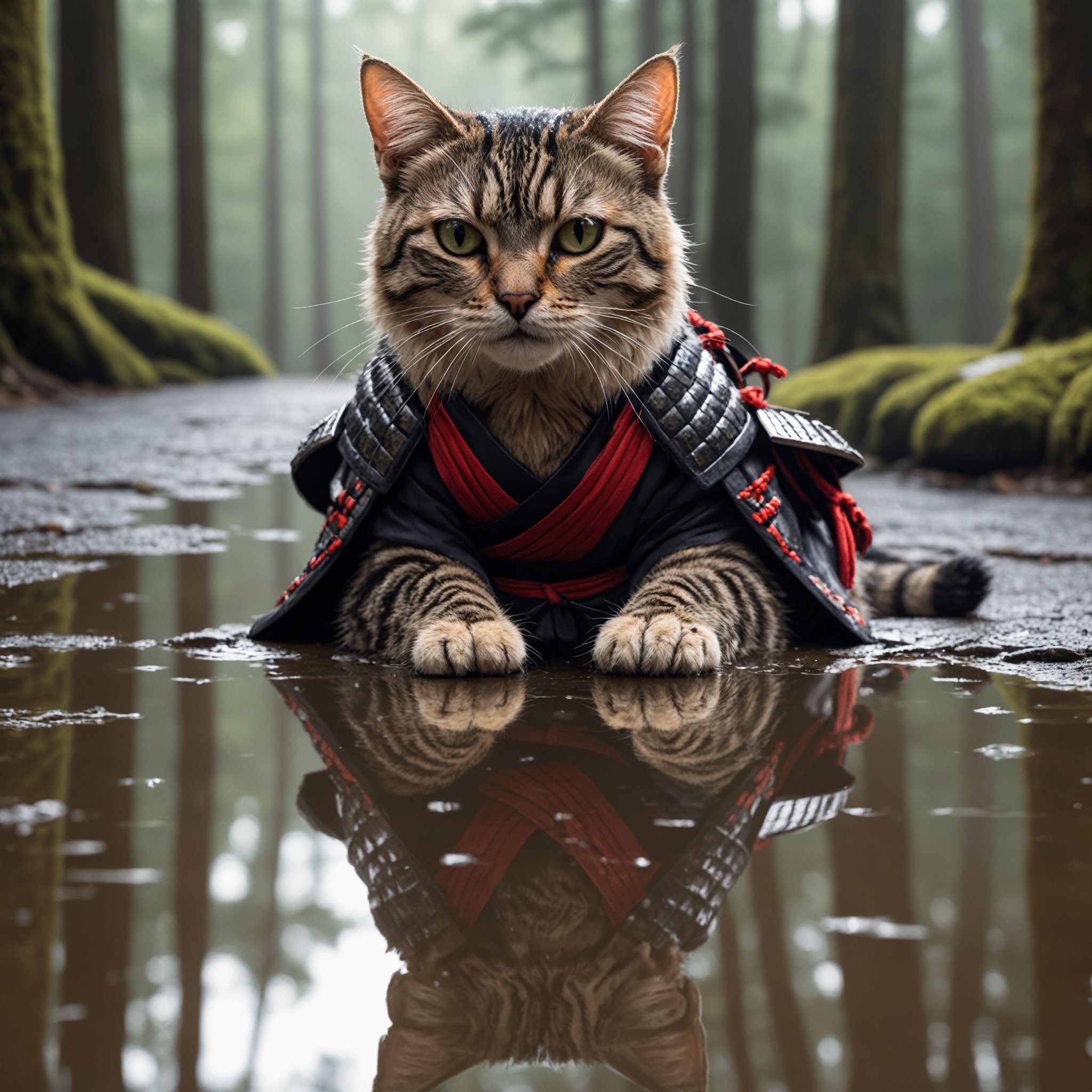 Closeup photo of a cat samurai , reflecting puddles, forest background, natural light 