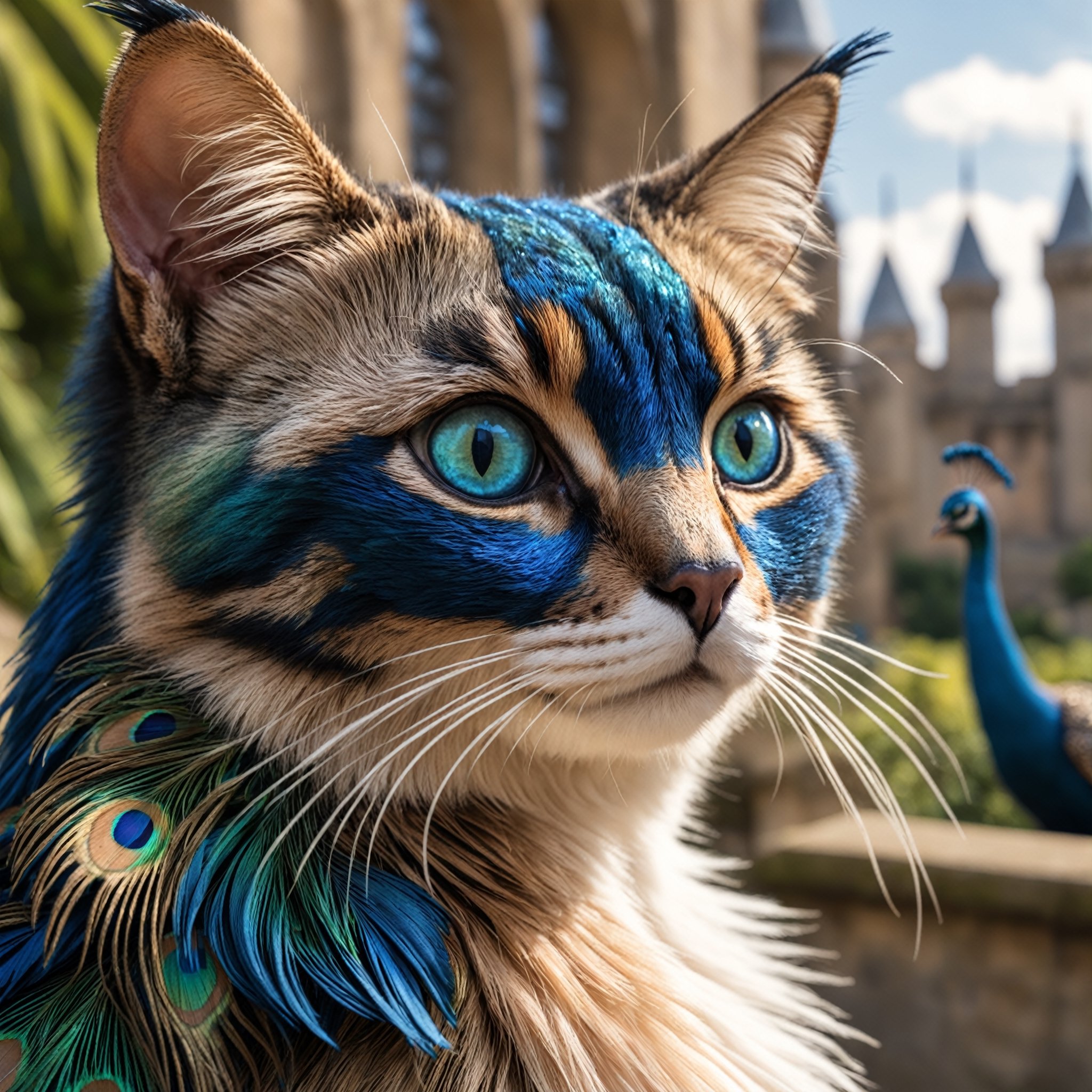 Detailed  closeup photo, of a peacock cat, peacock feathers, detailed eyes, natural light, castle gardens background  