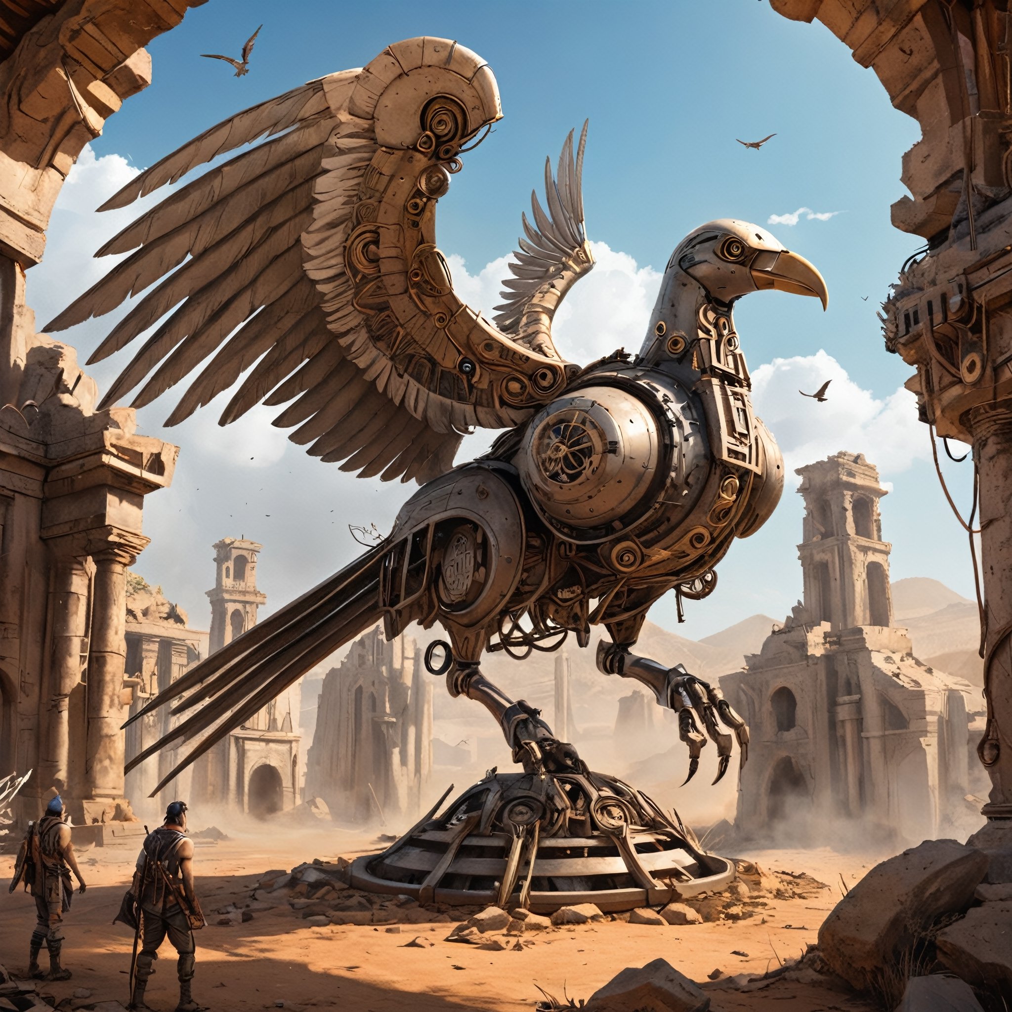 The image depicts a fantastical scene featuring a large mechanical bird with an appearance reminiscent of steampunk design, positioned in the midst of ancient ruins resembling a desert landscape. The mechanical creature is designed with intricate metalwork and boasts large, bird-like wings, as well as wheel appendages that give it the ability to move across the ground. Smoke is emanating from the top of the structure, suggesting that it is powered by some form of steam technology. There are towering structures and ruins in the background, enhancing the otherworldly feel of the environment depicted. The sky is clear with a few birds visible, further emphasizing the theme of flight