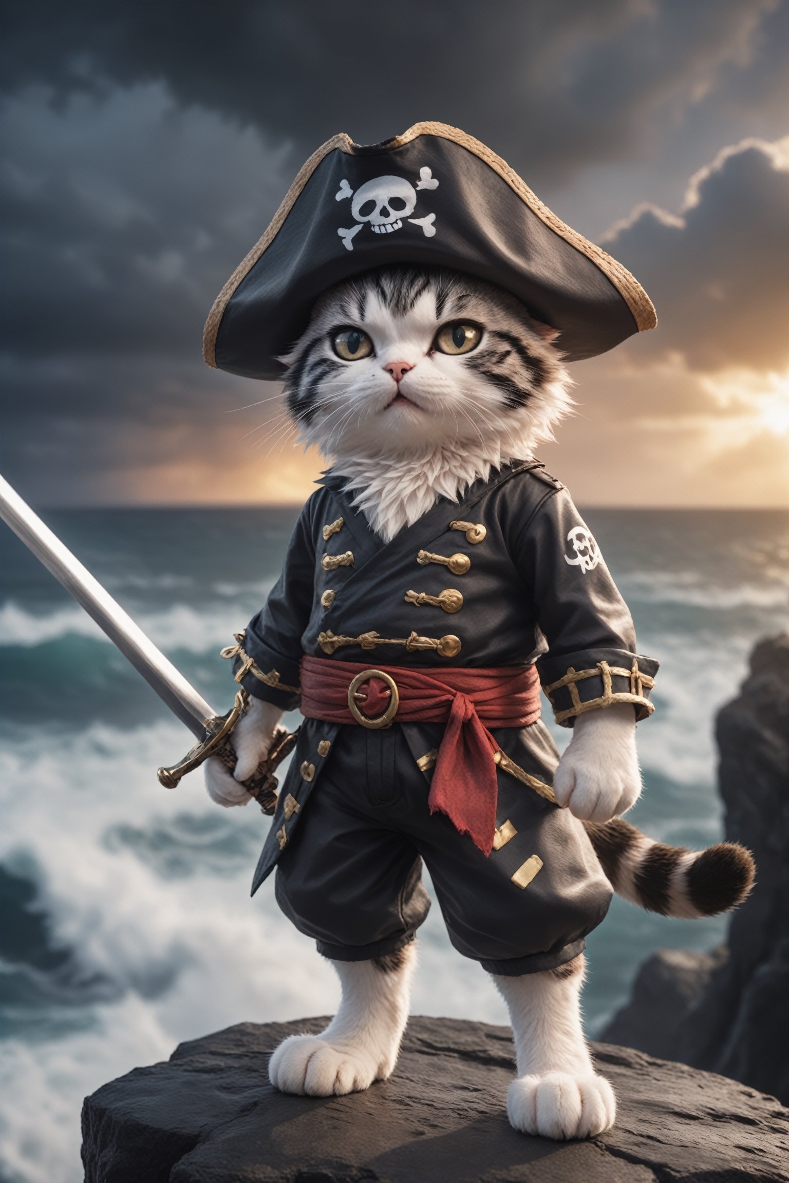 a cute cat pirate one piece outfit wearing a straw hat he is raising his saber and is standing on a cliff and is looking down on an stormy ocean a new dawn is rising on the horizon, high quality photography, 3 point lighting, flash with softbox, 4k, Canon EOS R3, hdr, smooth, sharp focus, high resolution, award winning photo, 80mm, f2.8, bokeh