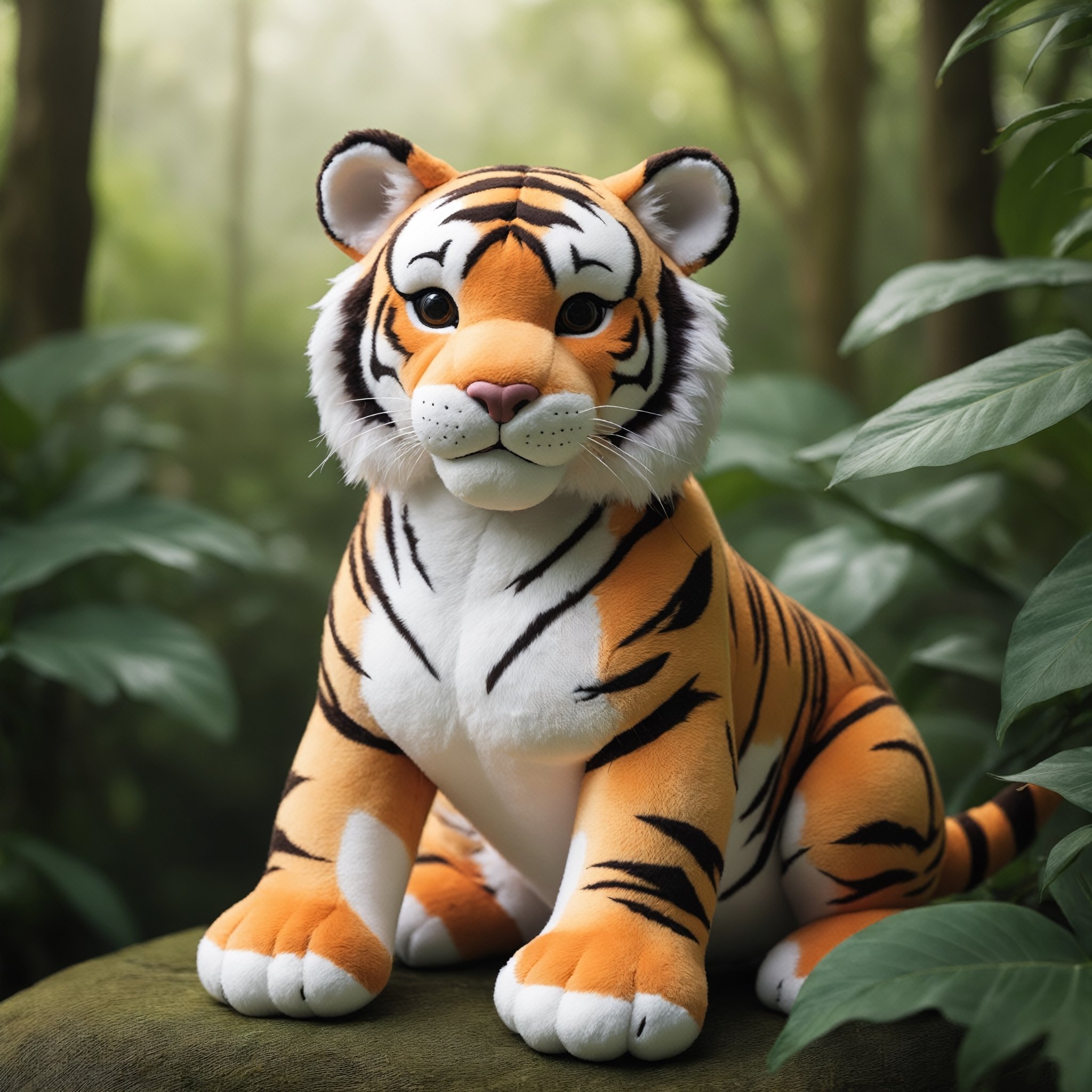 Detailed , photo, tiger plushie, natural light , jungle background 