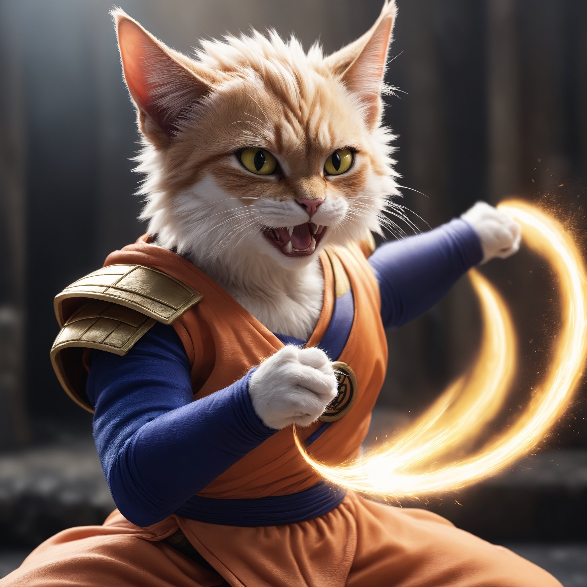 Detailed , closeup , Photo, of an anthro cat, wearing dragon ball z outfit, performing Kamehameha , sparks