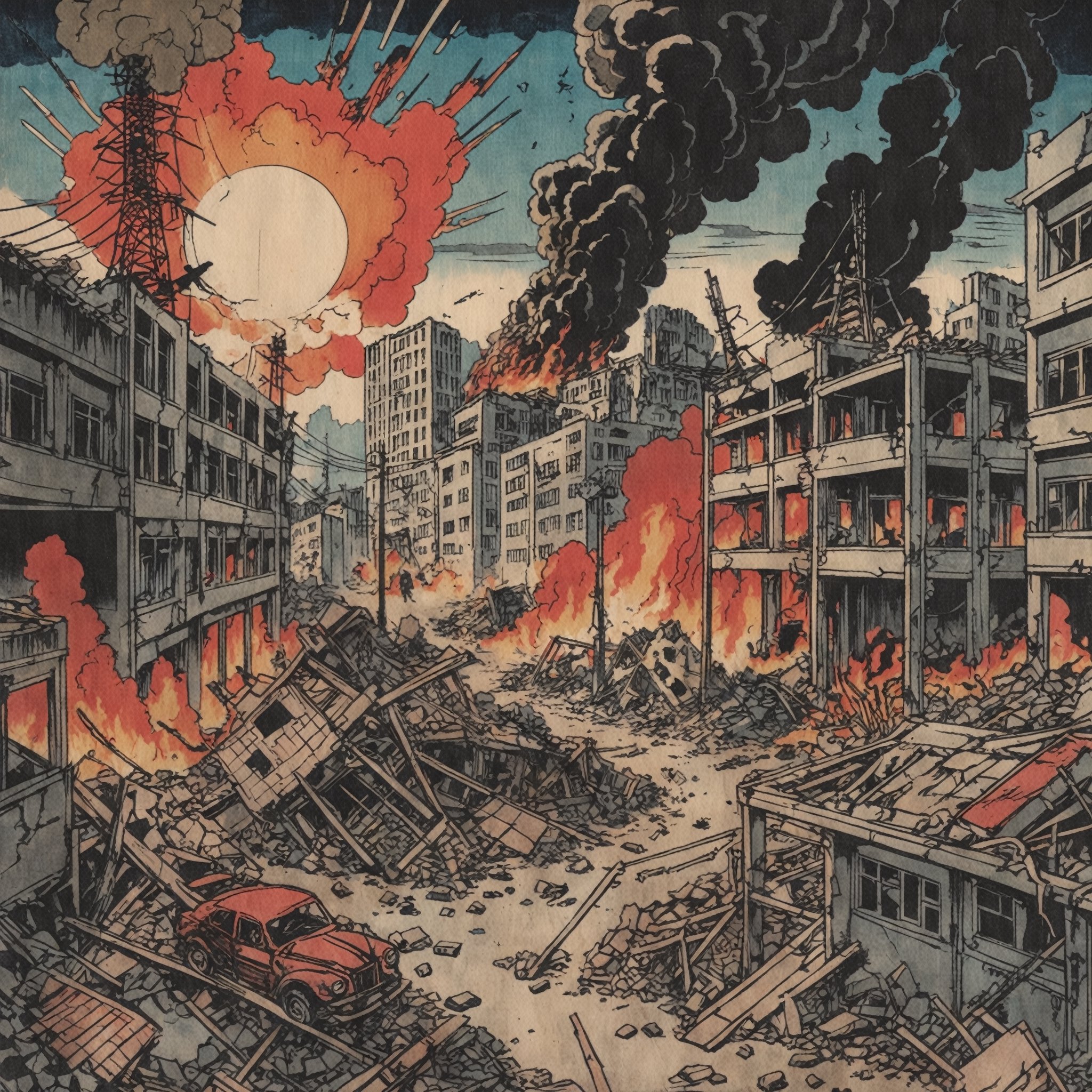 Colourful ukiyoe of a destroyed City after an atomic blast, post apocalyptic vibes, detailed,Ukiyo-e