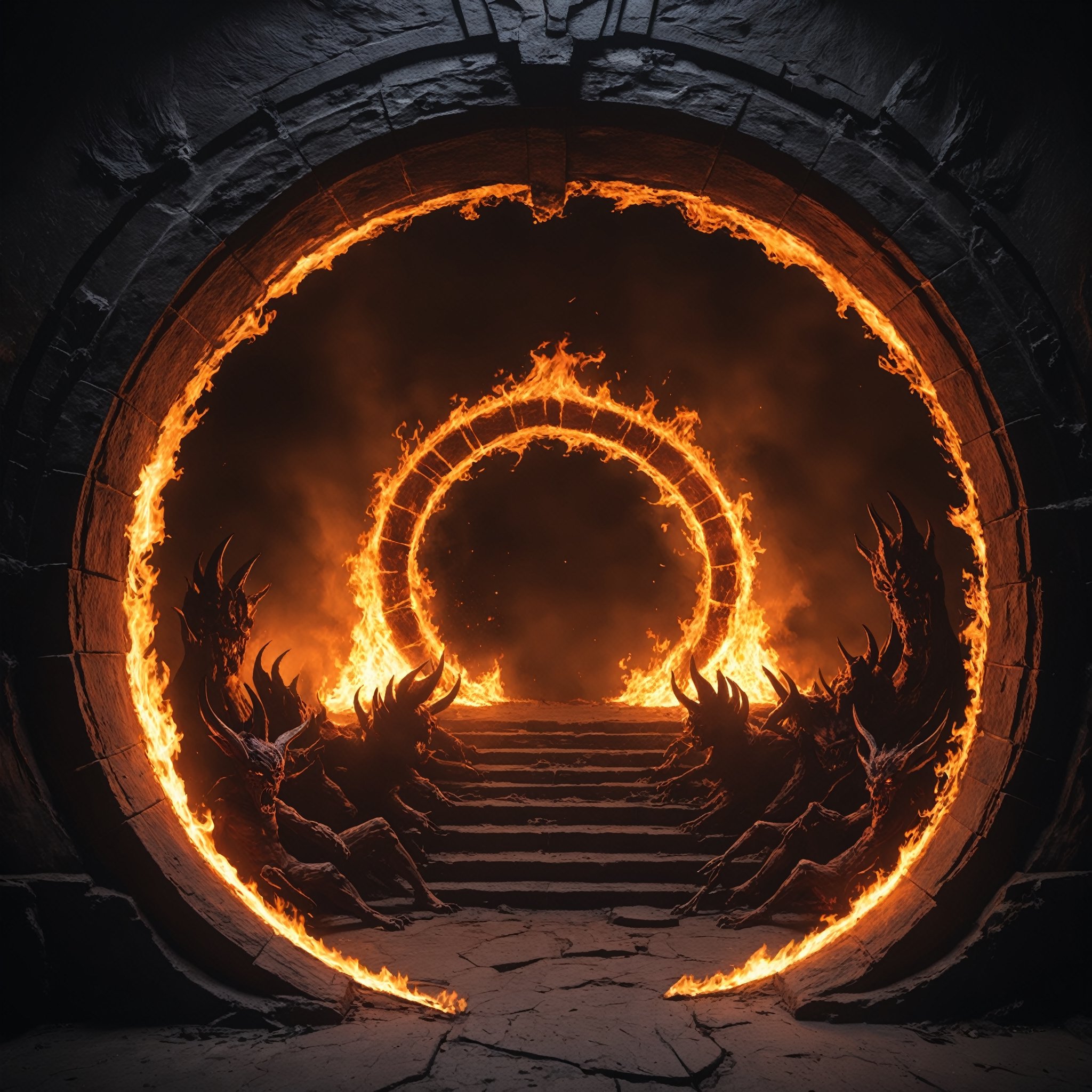 Detailed photo, to a portal to hell, demons, fire, natural light 