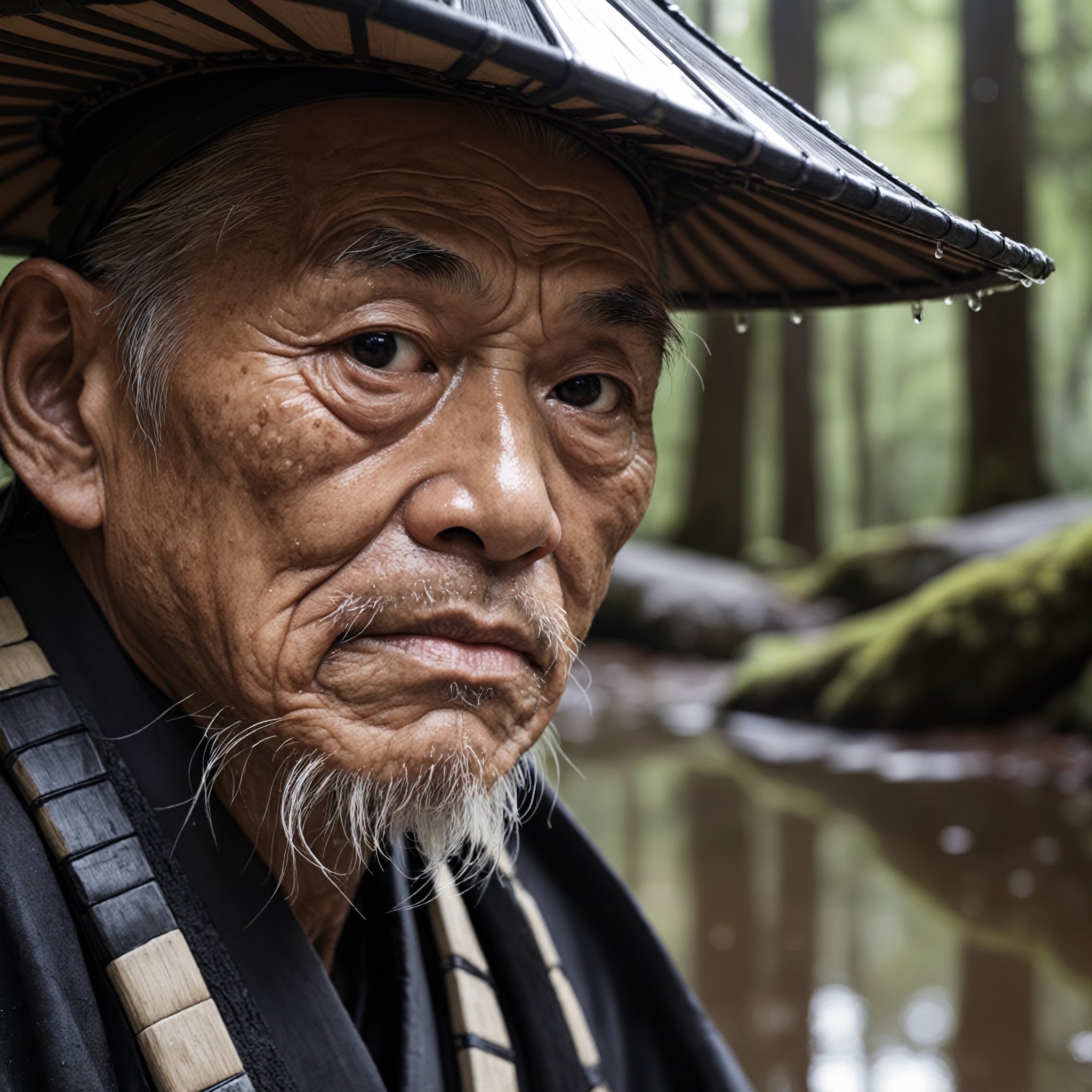 Closeup face photo of a old samurai man, reflecting puddles, forest background, natural light 