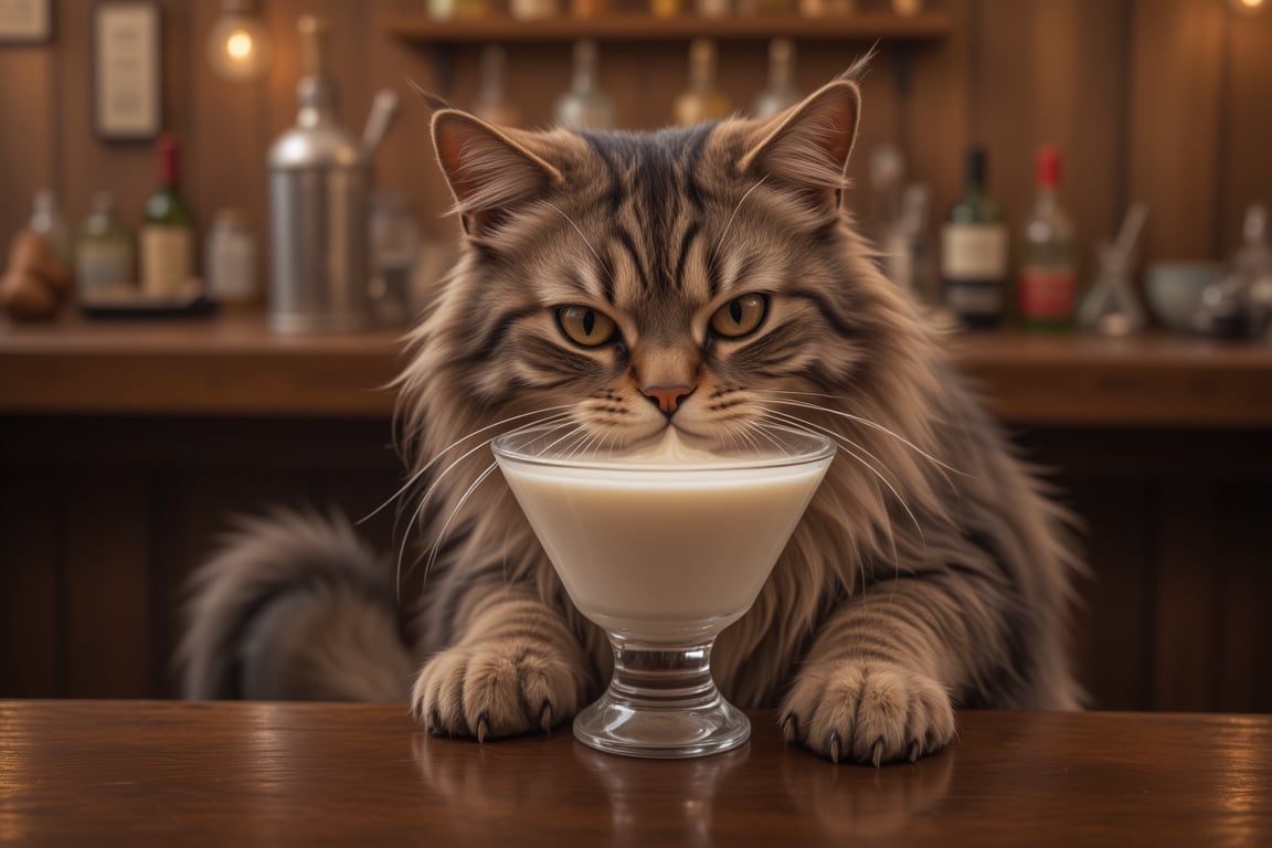 detailed photo cat is drinking milk from an cocktail glass sitting at a bar