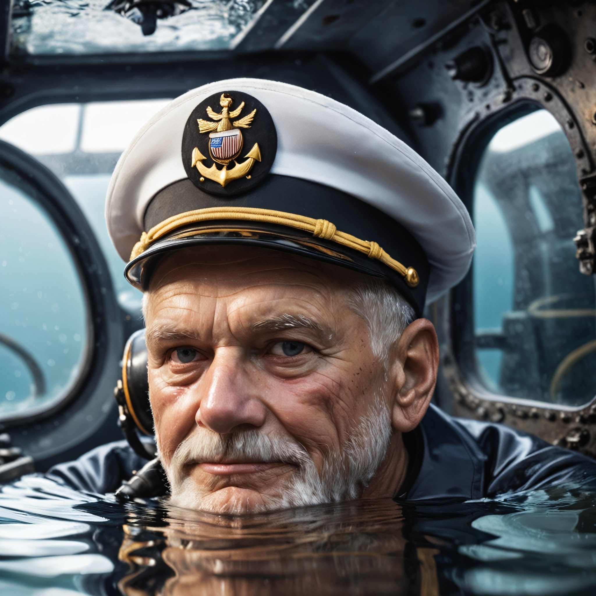 Closeup photo, old marine sailor,inside a submarine, half flooded, reflecting surfaces, Natural light 