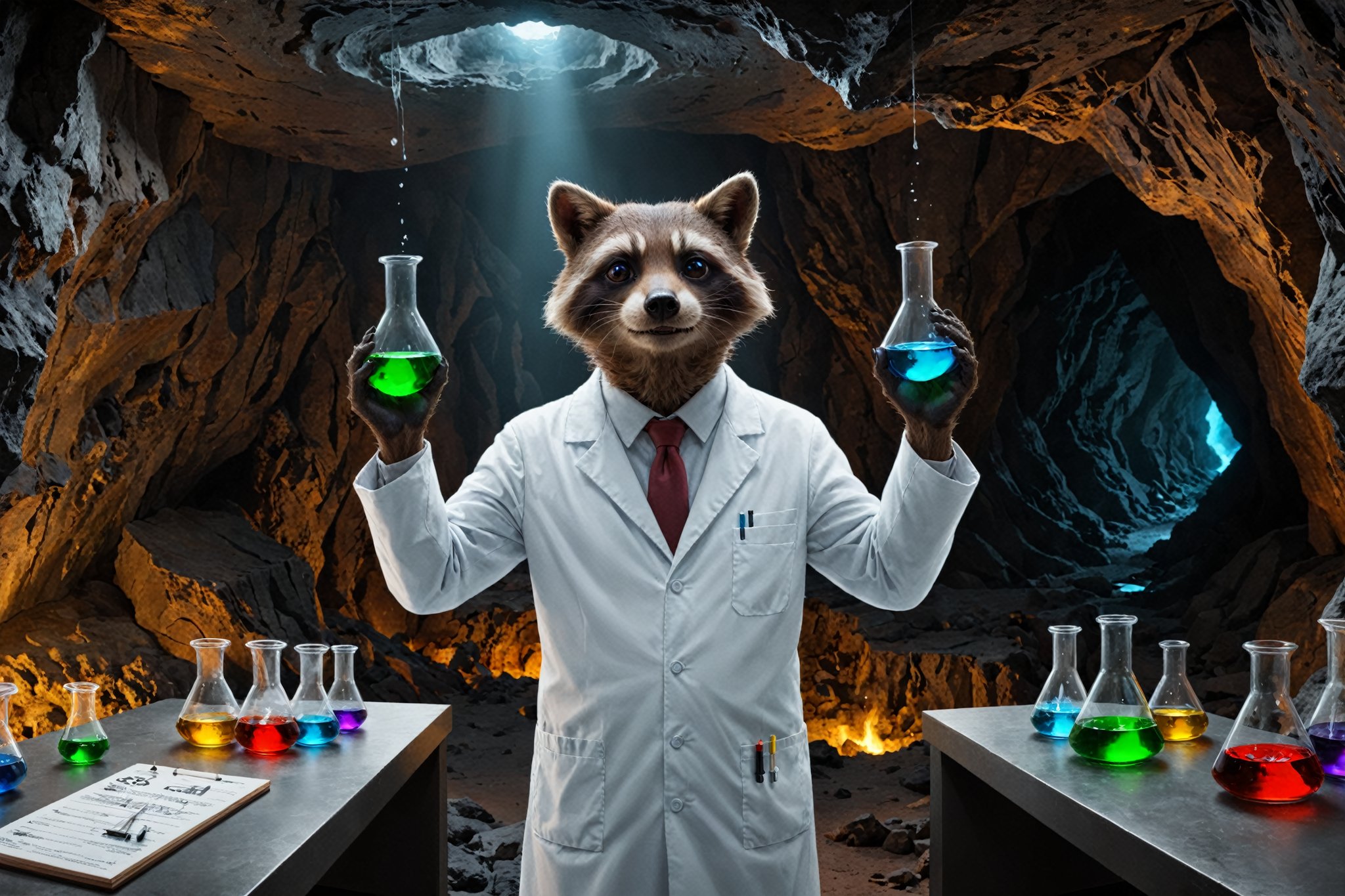 A mad scientist anthro raccoon in a tiny lab coat, conducting bizarre experiments with beakers and test tubes in a secret lab hidden inside a cave Ultra realistic, professional photo, uhd, 8k