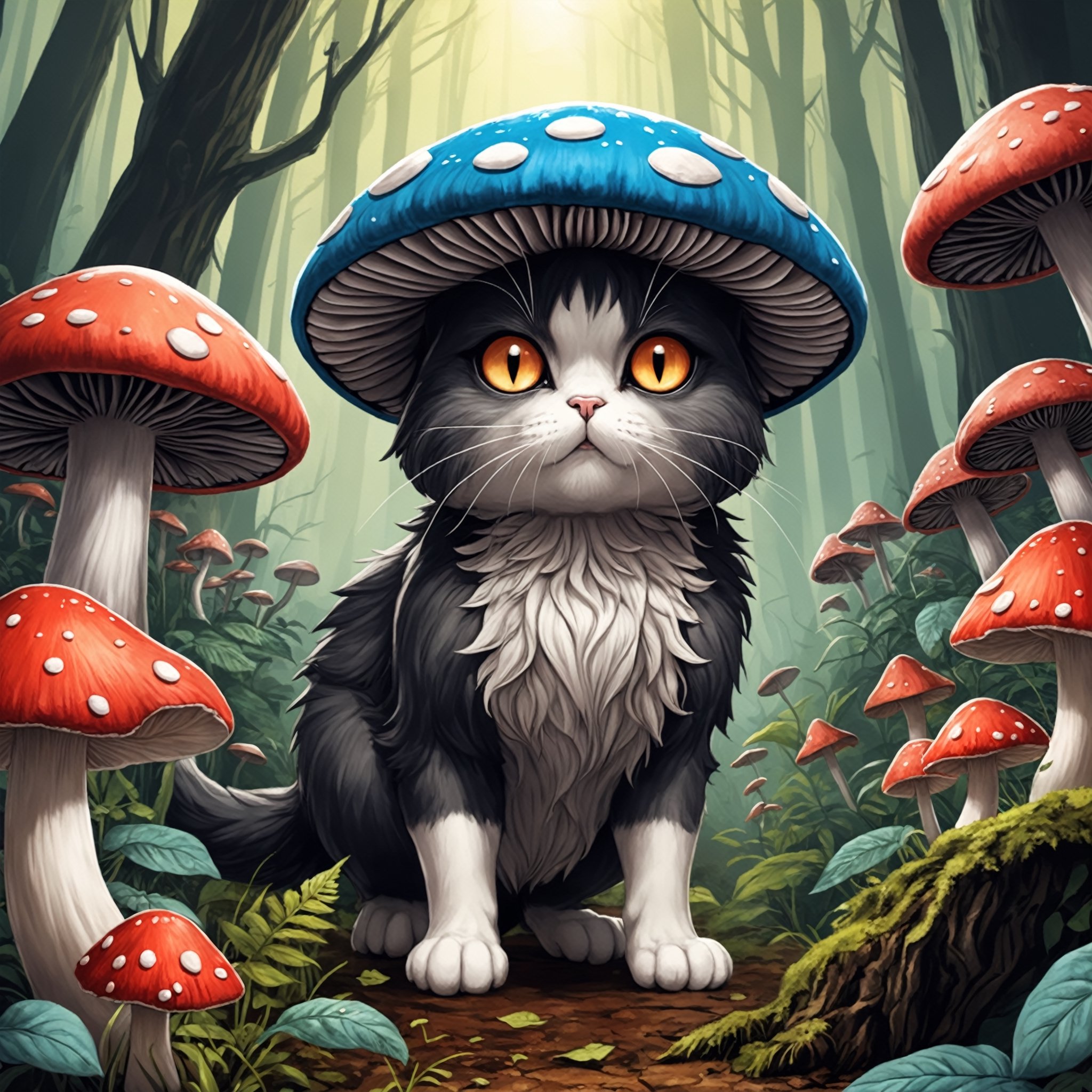 manga illustration of a fantastic epic mushroom forest, an cat in the front,