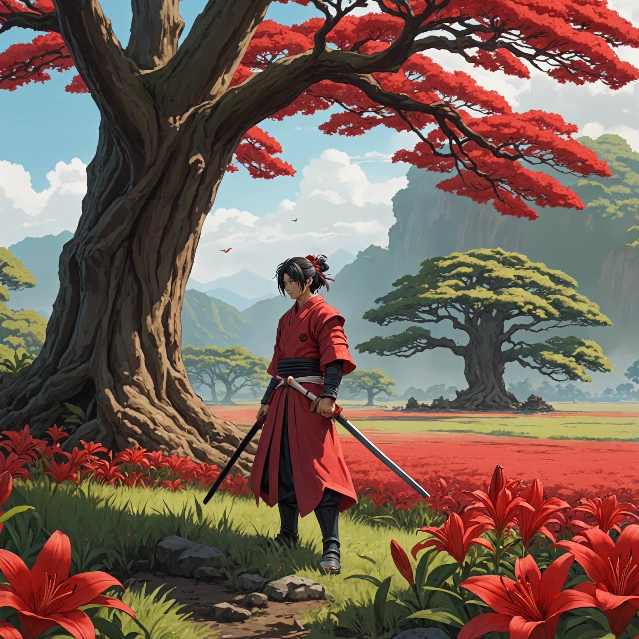 closeup anime artwork of an red red lily field near a  and a giant old oak tree, samurai is leaning on the tree
