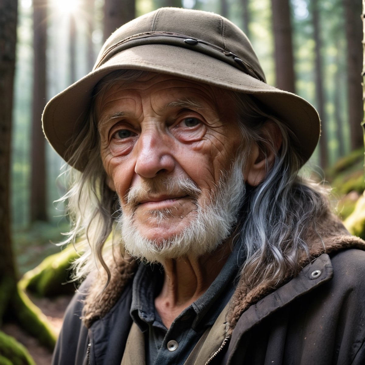  Closeup Photo Portrait an old wanderer in a mountain forest , detailed light