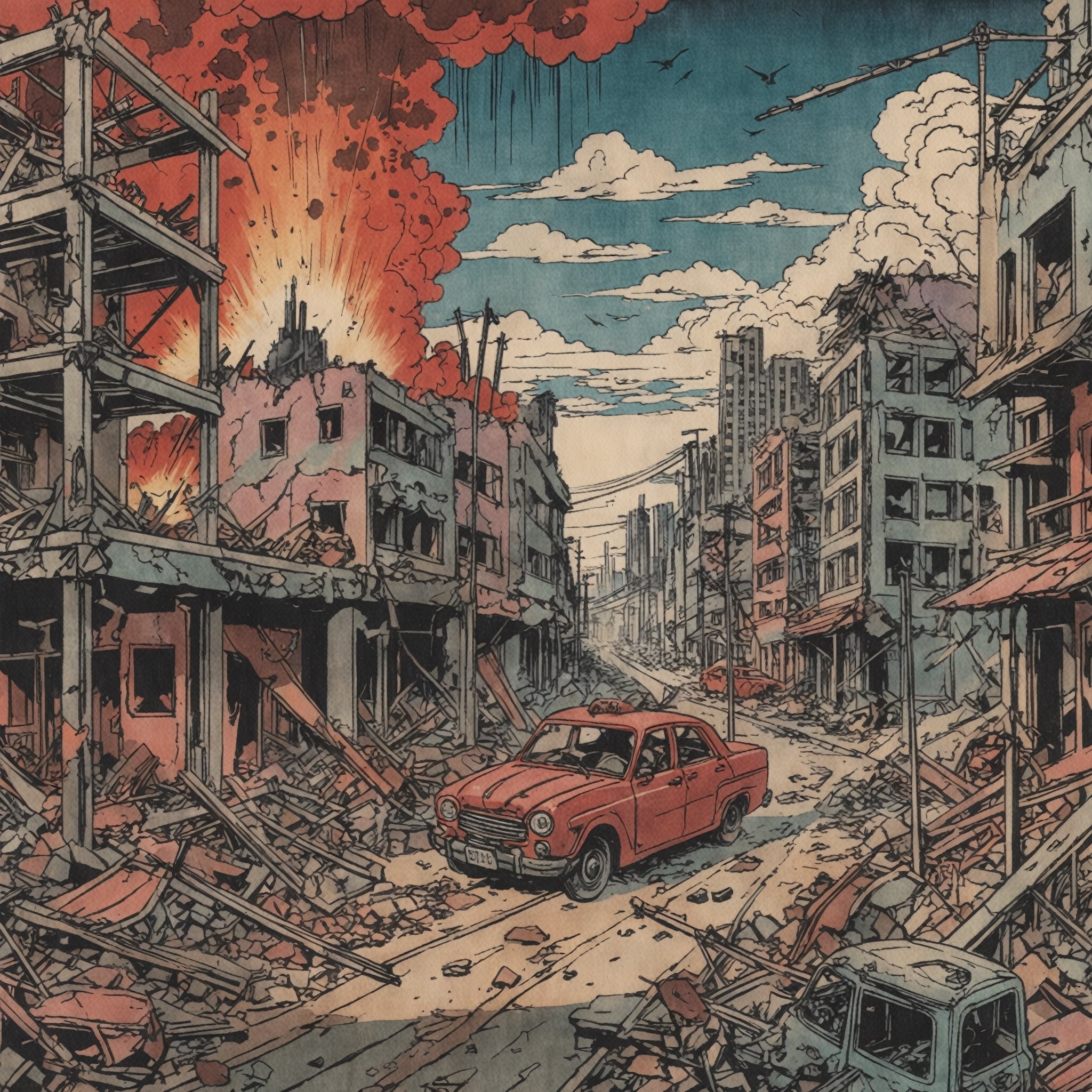 Colourful ukiyoe of a destroyed City after an atomic blast, post apocalyptic vibes, detailed,Ukiyo-e