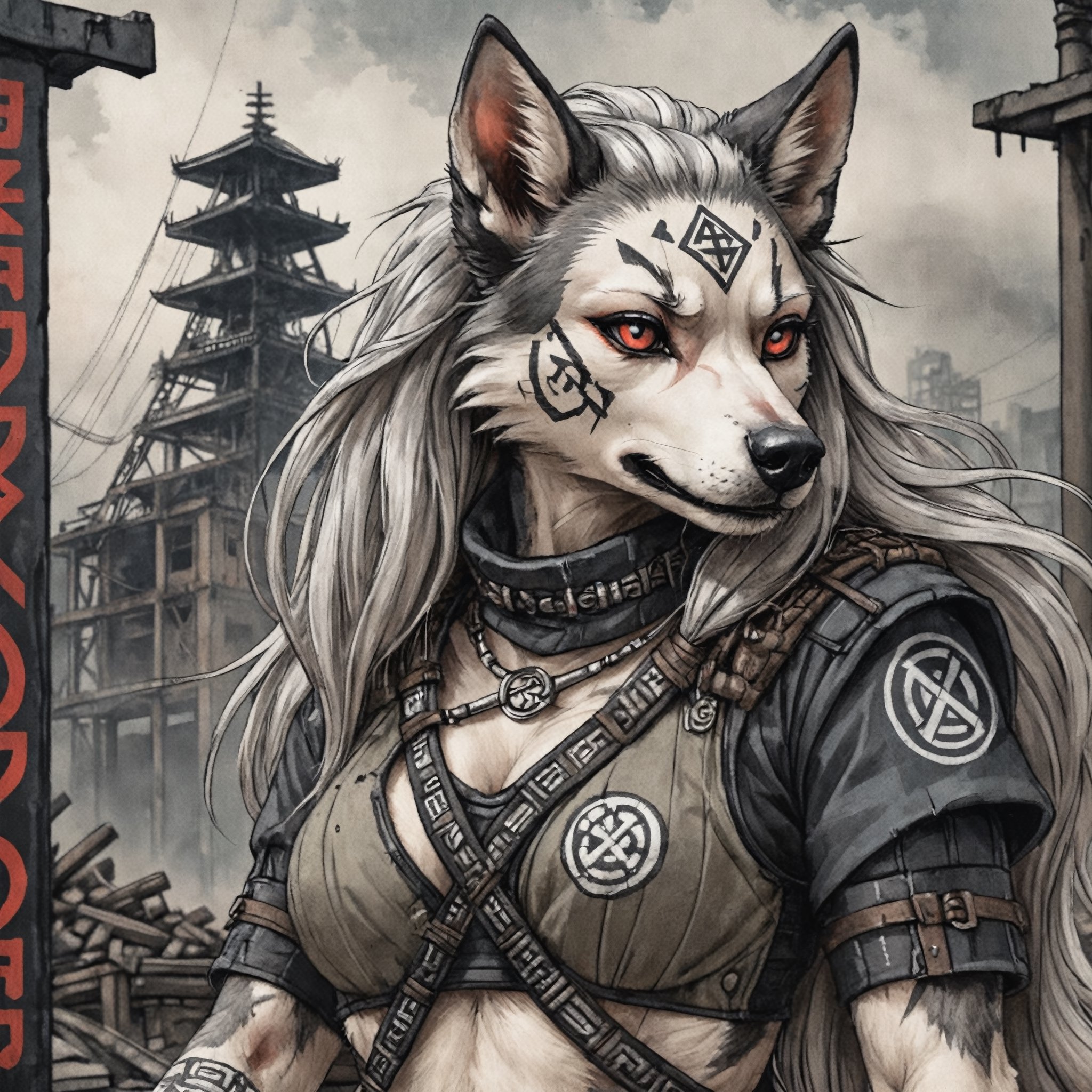 closeup  ukiyo-e, of loona hellhound , wearing post apocalyptic outfit  postapocalyptic background ,Ukiyo-e, knotwork, runes, Loona