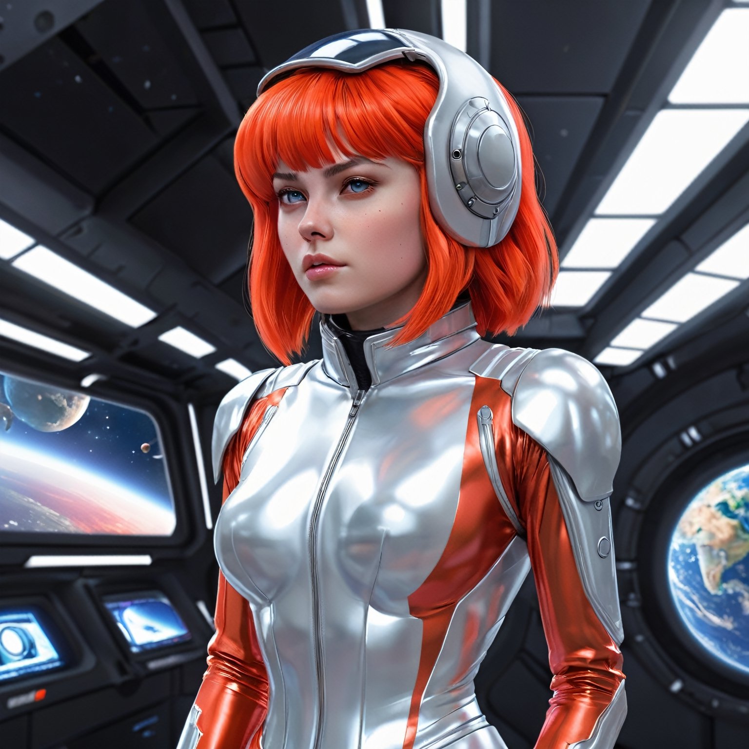 1 girl, fiery red jacket, tight suit,Space helm of the 1960s,and the anime series G Force of the 1980s,Ghost In The Shell style, Darf Punk wlop glossy skin, ultrarealistic sweet girl, space helm 60s, holographic, holographic texture, the style of wlop, space, stands on a pedestal,( with spaceships in the background)