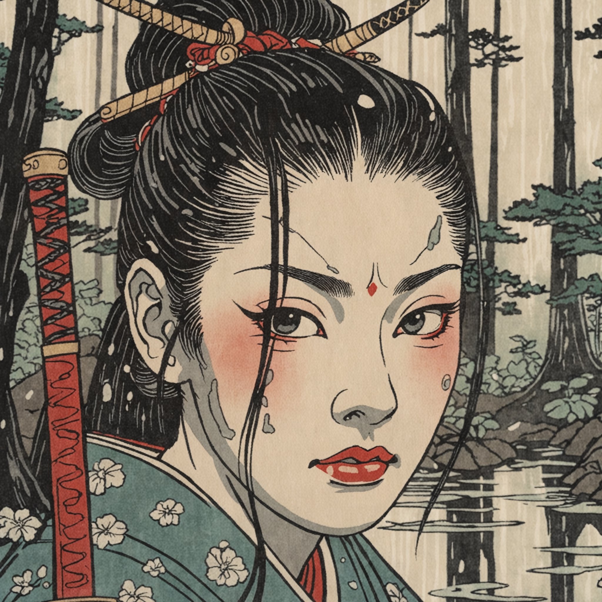 Closeup face ukyoe of a samurai woman, detailed katana,reflecting puddles, forest background, natural light ,Ukiyo-e