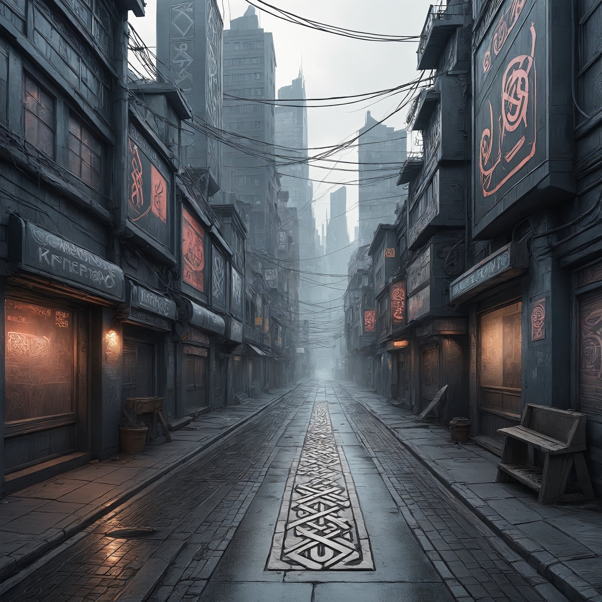 Knotwork artwork of a cyberpunk city street, nordic runes