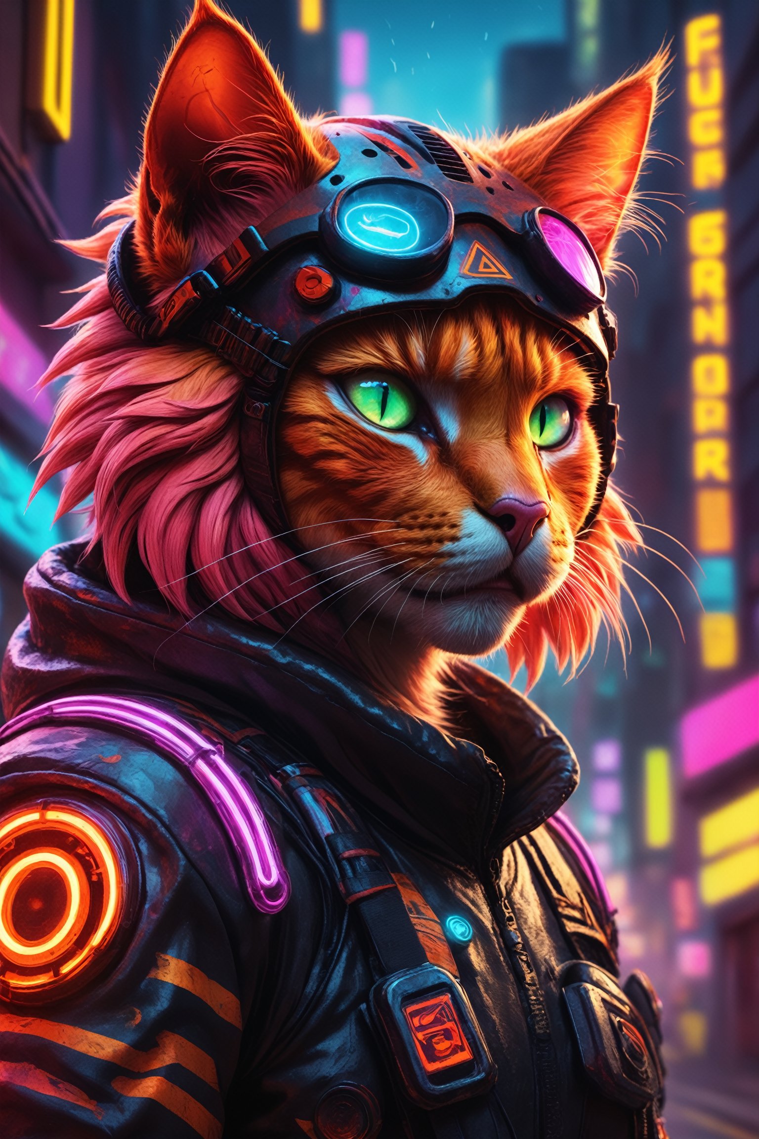 detailed artwork of an fire cat, strive through a cyberpunck street, neon lights, colorfull