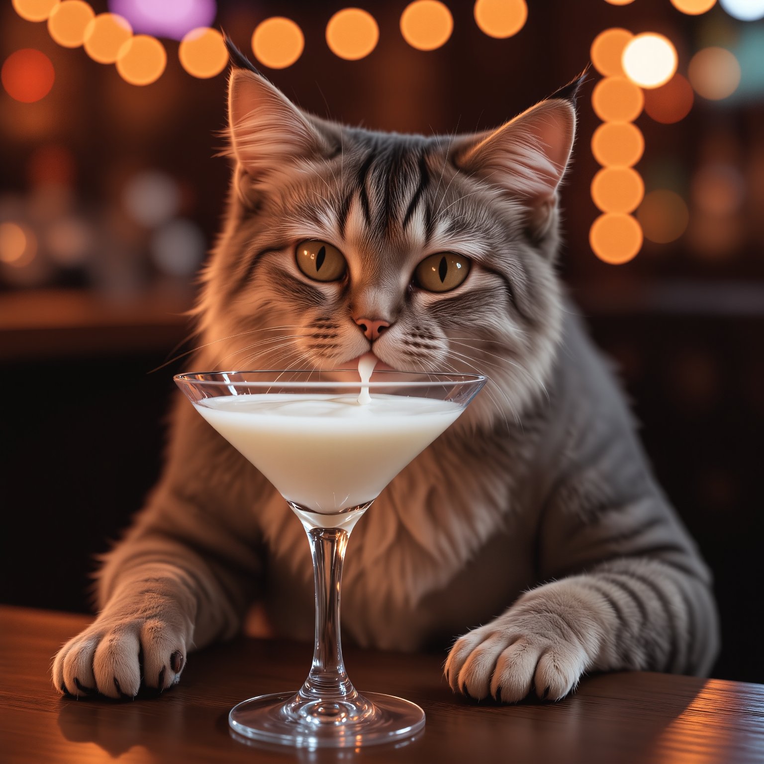 detailed photo cat is drinking milk from an cocktail glass sitting at a bar