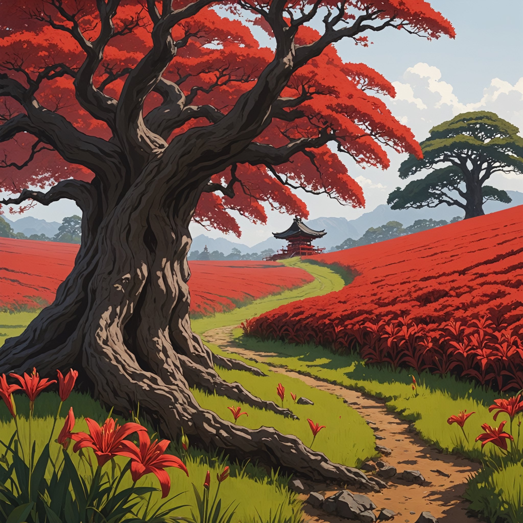 anime artwork of an red red lily field near a tompstone and a giant old oak tree, samurai is leaning on the tree
