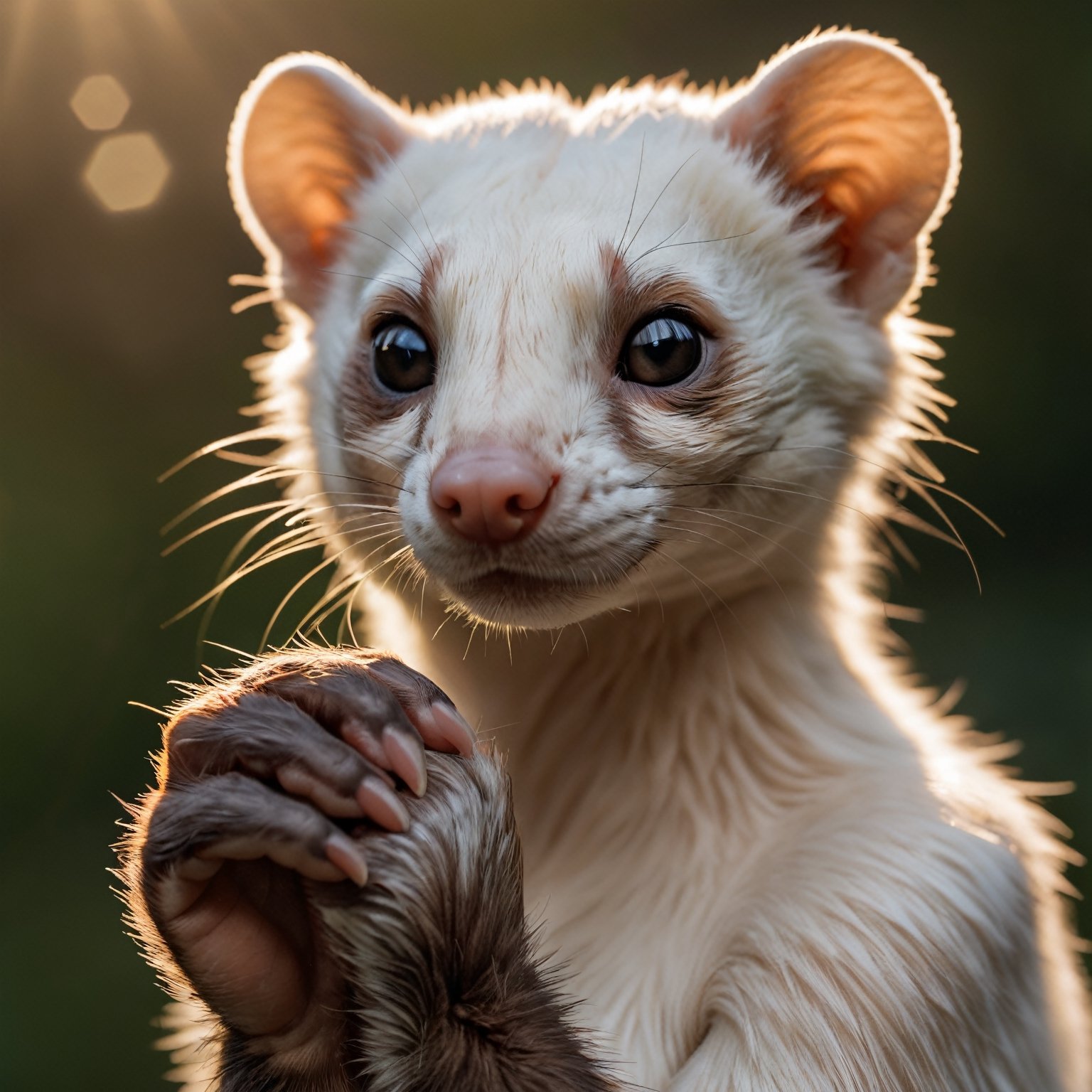 Closeup photo upper body of an anthro furr anthro ferret female fluffy full realistic body fur , paws, paw pads towards viewer, wearing a loose white tank top, medium breast,high quality photography, 3 point lighting, flash with softbox, 4k, Canon EOS R3, hdr, smooth, sharp focus, high resolution, award winning photo, 80mm, f2.8, bokeh