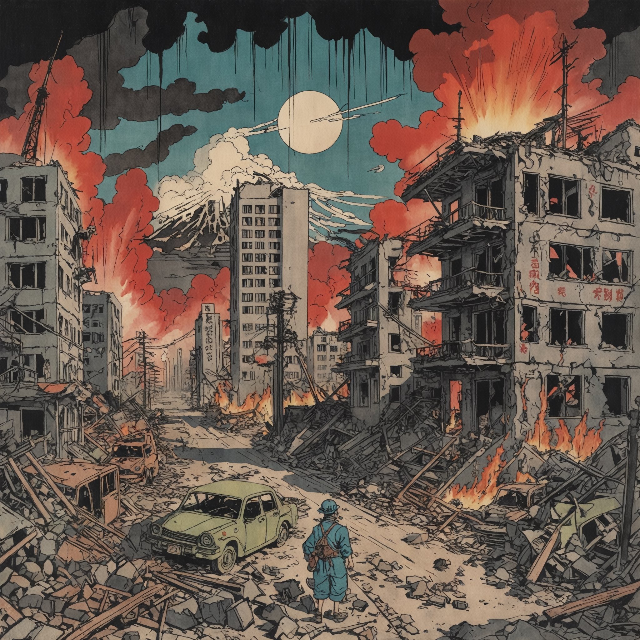 Colourful ukiyoe of a destroyed City after an atomic blast, post apocalyptic vibes, detailed,Ukiyo-e