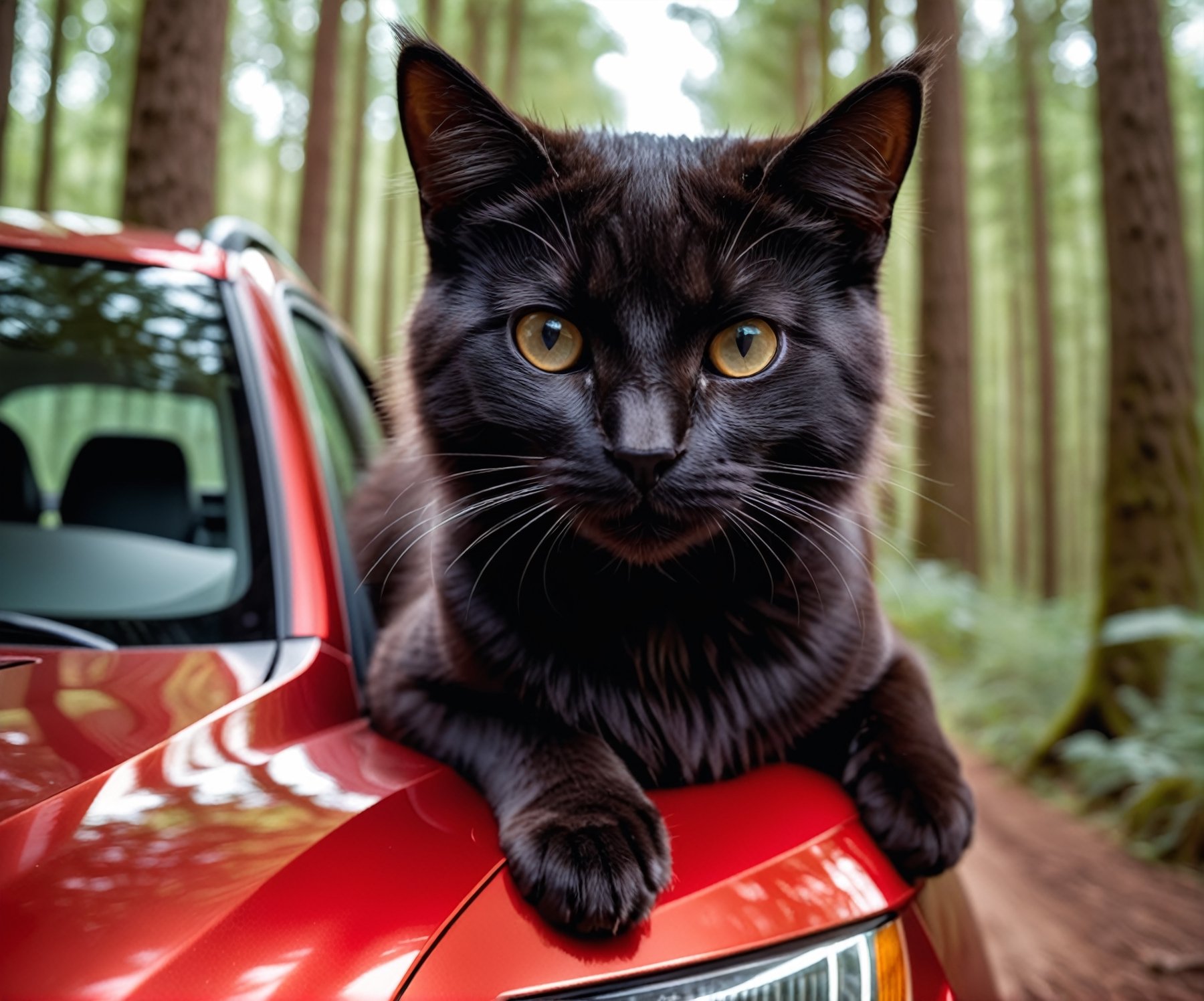 closeup of a cat driving an red skoda fabia offroad throw a epic forest, realistic fluffy black hair , high quality photography, 3 point lighting, flash with softbox, 4k, Canon EOS R3, hdr, smooth, sharp focus, high resolution, award winning photo, 80mm, f2.8, bokeh . shallow depth of field, vignette, highly detailed, high budget, bokeh, cinemascope, moody, epic, gorgeous, film grain, grainy, high quality photography, 3 point lighting, flash with softbox, 4k, Canon EOS R3, hdr, smooth, sharp focus, high resolution, award winning photo, 80mm, f2.8, bokeh