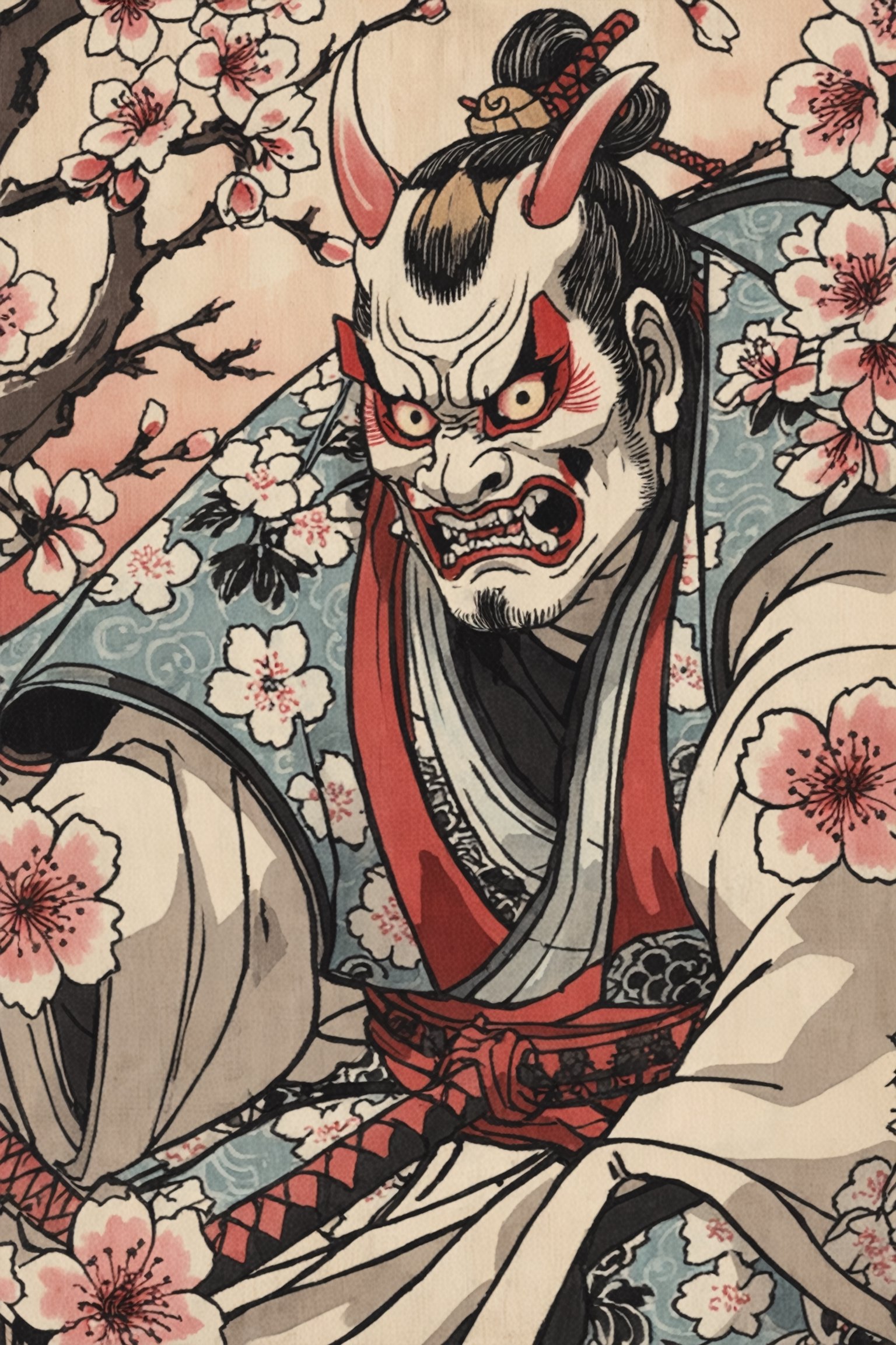 Detailed  closeup ukiyo-e artwork , of an oni  yokai samurai, Cherry Blossoms, epic pose ,Ukiyo-e,anthro