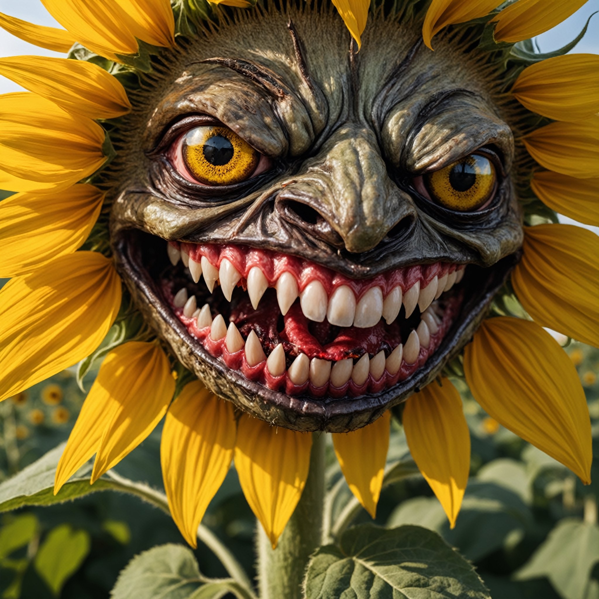 Detailed  closeup photo, of flesh eating sunflower ,evil eyes, fangs, natural light, summer Field background 