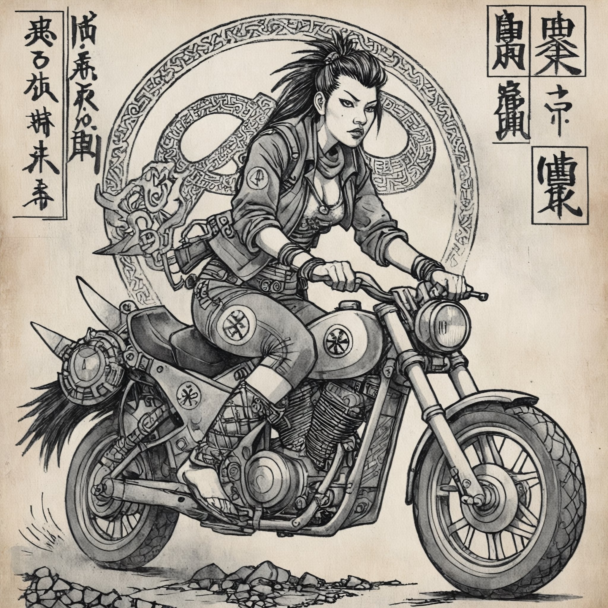  Lobo comic  style  ukiyo-e, of a  punk woman , wearing post apocalyptic outfit  driving on a motorcycle, epic light, post apocalyptic background ,Ukiyo-e, knotwork, runes