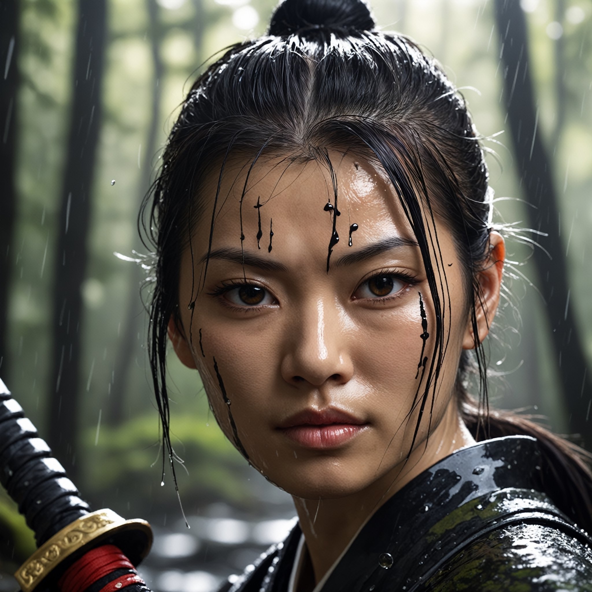 Closeup face photo of a samurai woman, detailed katana,reflecting puddles, forest background, natural light 