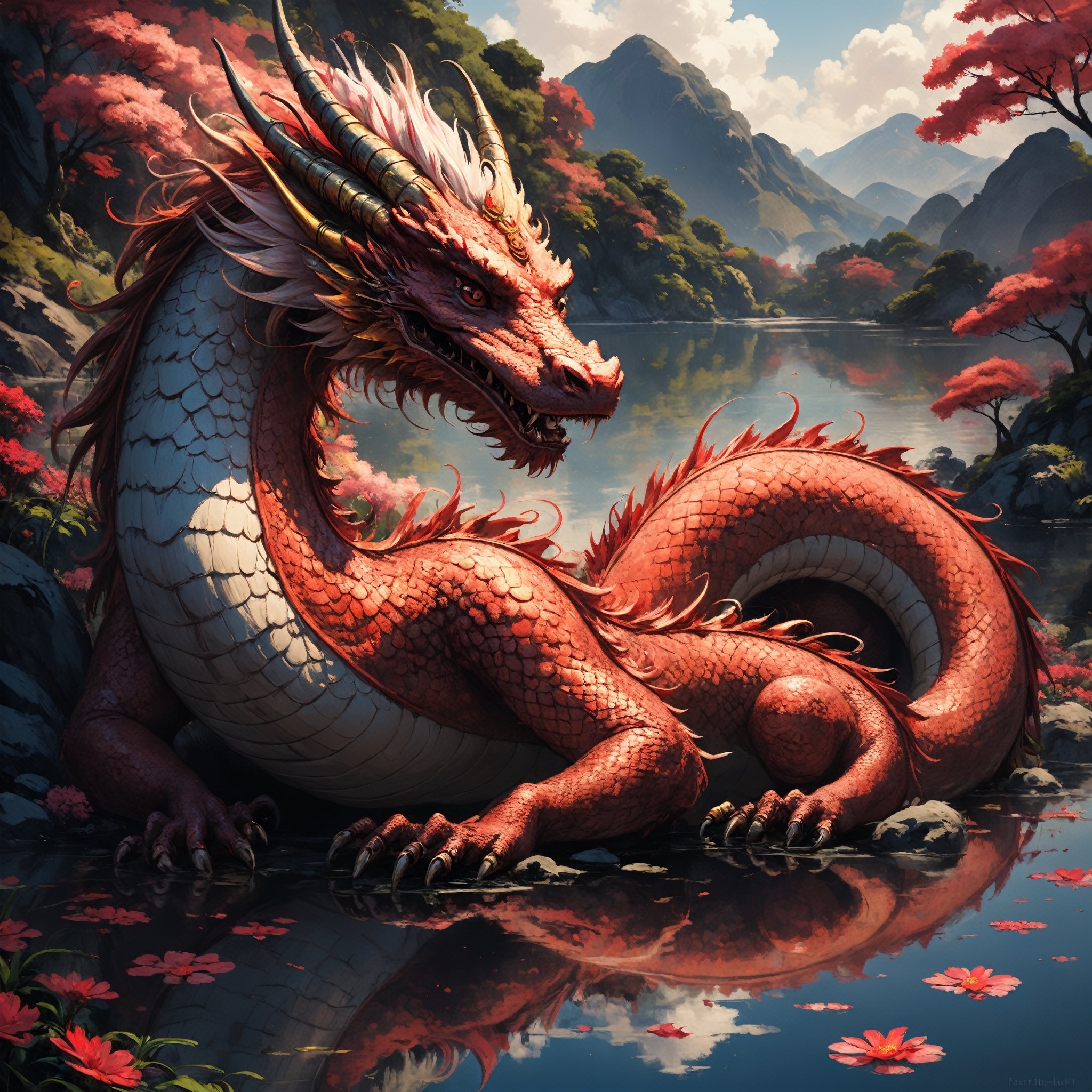  closeup of a paintdragon, detailed ,over  a japanses lake full of red lutos flowers, detailed reflection, peacefull atmophere ,paintdragon