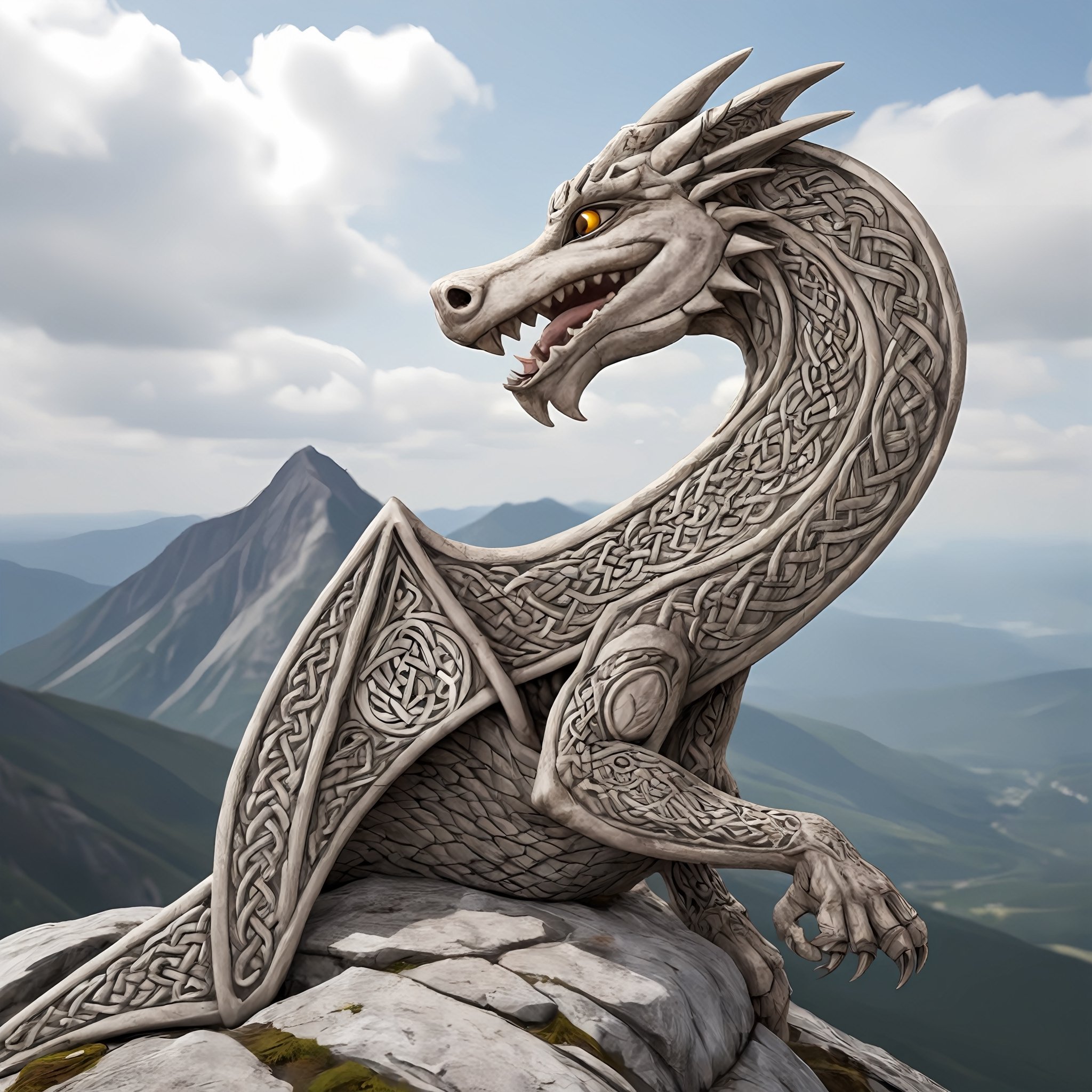 closeup photo, of an happy dragon, on a mountain, knotwork, runes