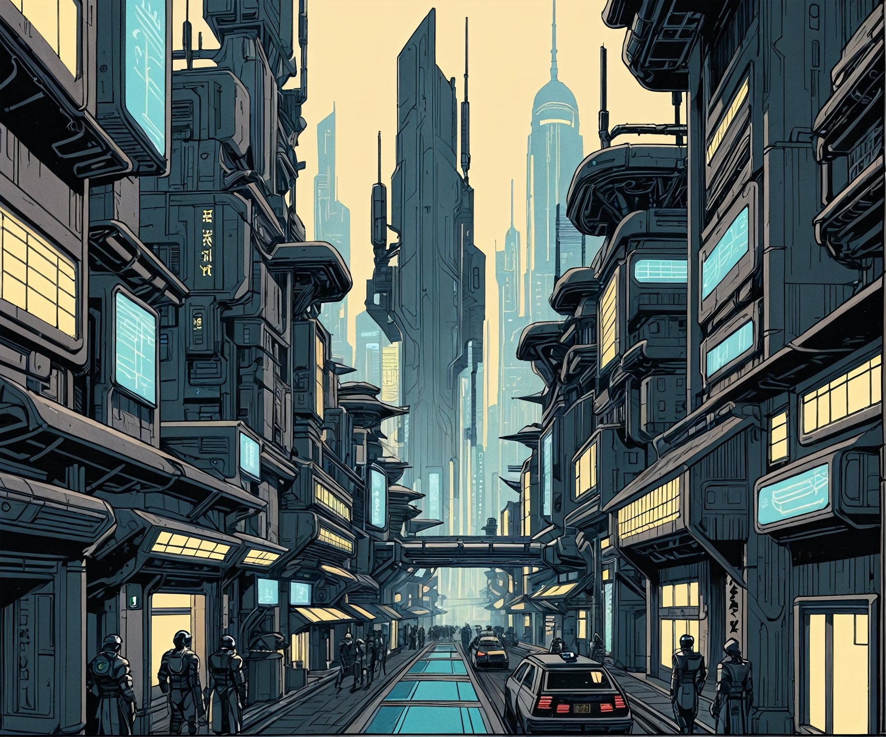 ukyoe woodblock drawing of an futuristic cyberpunk city